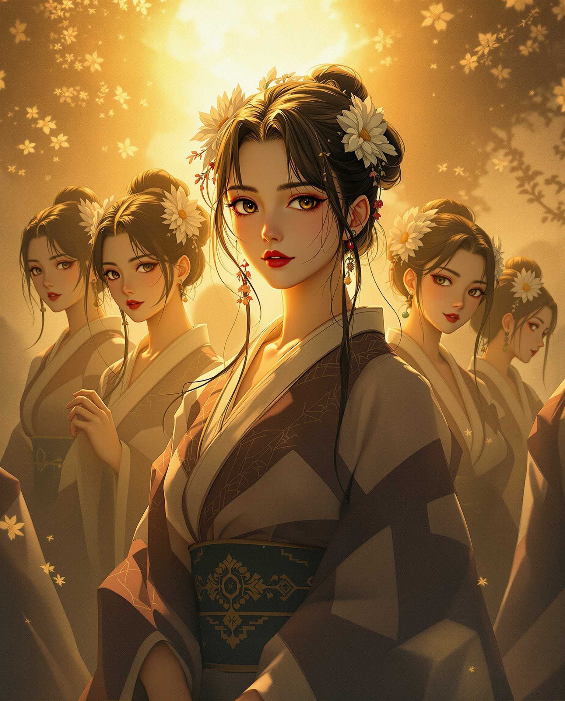 masterpiece, best quality, highres, sharp image, more detail, This realistic photo (photograph) of a female real persons is an image that is a richly detailed and artistically composed piece that features a group of figures in a setting that suggests a traditional or historical Japanese environment. Heres a breakdown of the artistic elementsComposition The composition is dynamic and balanced, with the figures arranged in a way that creates a sense of depth and movement. The central figure is slightly elevated, drawing the viewers eye directly to her. The use of negative space is masterful, with the figures positioned to create a sense of openness and to allow the viewers eye to flow through the image without feeling cramped. The perspective is slightly skewed, with the vanishing point off to the side, which adds to the sense of a threedimensional space within the twodimensional medium.Lighting The lighting in the image is warm and soft, with a golden hue that suggests either dawn or dusk. This lighting casts gentle shadows and highlights, giving the figures and the environment a sense of volume and texture. The light seems to emanate from the top left corner, creating a radiant glow that outlines the central figure and adds to her prominence. The play of light and shadow is subtle but effective, with the light accentuating the curves of the figures and the folds of their garments.Style The style of the artwork is reminiscent of Japanese anime or manga, with its clean lines, exaggerated features like the large eyes and small mouths, and the stylized rendering of hair and clothing. The figures are clothed in traditional Japanese attire, which is rendered with attention to detail, including the patterned garments and the delicate floral adornments in their hair. The overall style is one of fantasy or historical fiction, with a romantic and somewhat ethereal quality that is enhanced by the dreamlike quality of the lighting and the misty, atmospheric environment.The artwork combines these elements to create a scene that is both visually striking and thematically rich, inviting the viewer into a world that is both familiar and fantastical.