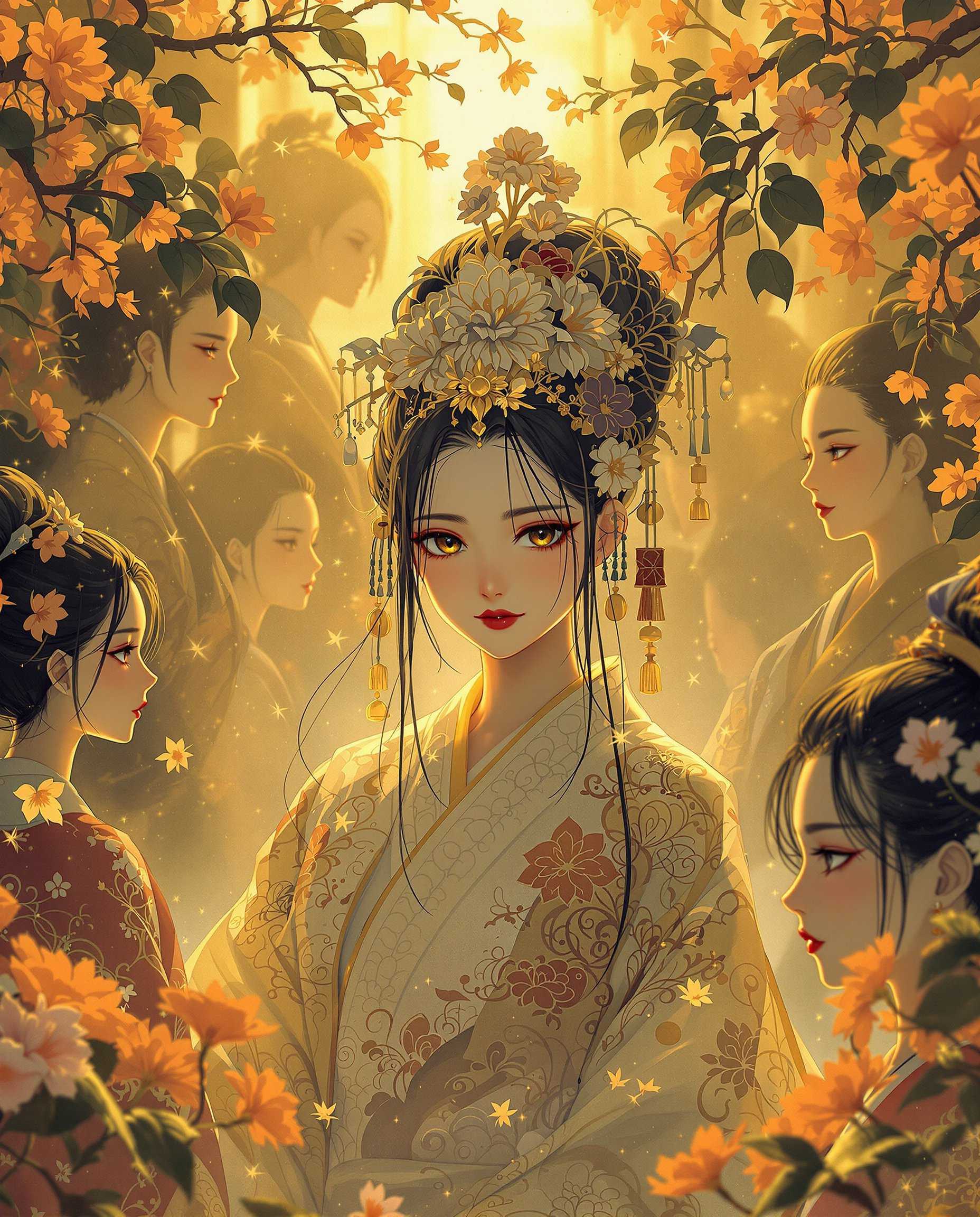 masterpiece, best quality, highres, sharp image, more detail, This realistic photo (photograph) of a female real persons is an image that is a richly detailed and artistically composed piece that features a group of figures in a setting that suggests a traditional or historical Japanese environment. Heres a breakdown of the artistic elementsComposition The composition is dynamic and balanced, with the figures arranged in a way that creates a sense of depth and movement. The central figure is slightly elevated, drawing the viewers eye directly to her. The use of negative space is masterful, with the figures positioned to create a sense of openness and to allow the viewers eye to flow through the image without feeling cramped. The perspective is slightly skewed, with the vanishing point off to the side, which adds to the sense of a threedimensional space within the twodimensional medium.Lighting The lighting in the image is warm and soft, with a golden hue that suggests either dawn or dusk. This lighting casts gentle shadows and highlights, giving the figures and the environment a sense of volume and texture. The light seems to emanate from the top left corner, creating a radiant glow that outlines the central figure and adds to her prominence. The play of light and shadow is subtle but effective, with the light accentuating the curves of the figures and the folds of their garments.Style The style of the artwork is reminiscent of Japanese anime or manga, with its clean lines, exaggerated features like the large eyes and small mouths, and the stylized rendering of hair and clothing. The figures are clothed in traditional Japanese attire, which is rendered with attention to detail, including the patterned garments and the delicate floral adornments in their hair. The overall style is one of fantasy or historical fiction, with a romantic and somewhat ethereal quality that is enhanced by the dreamlike quality of the lighting and the misty, atmospheric environment.The artwork combines these elements to create a scene that is both visually striking and thematically rich, inviting the viewer into a world that is both familiar and fantastical.