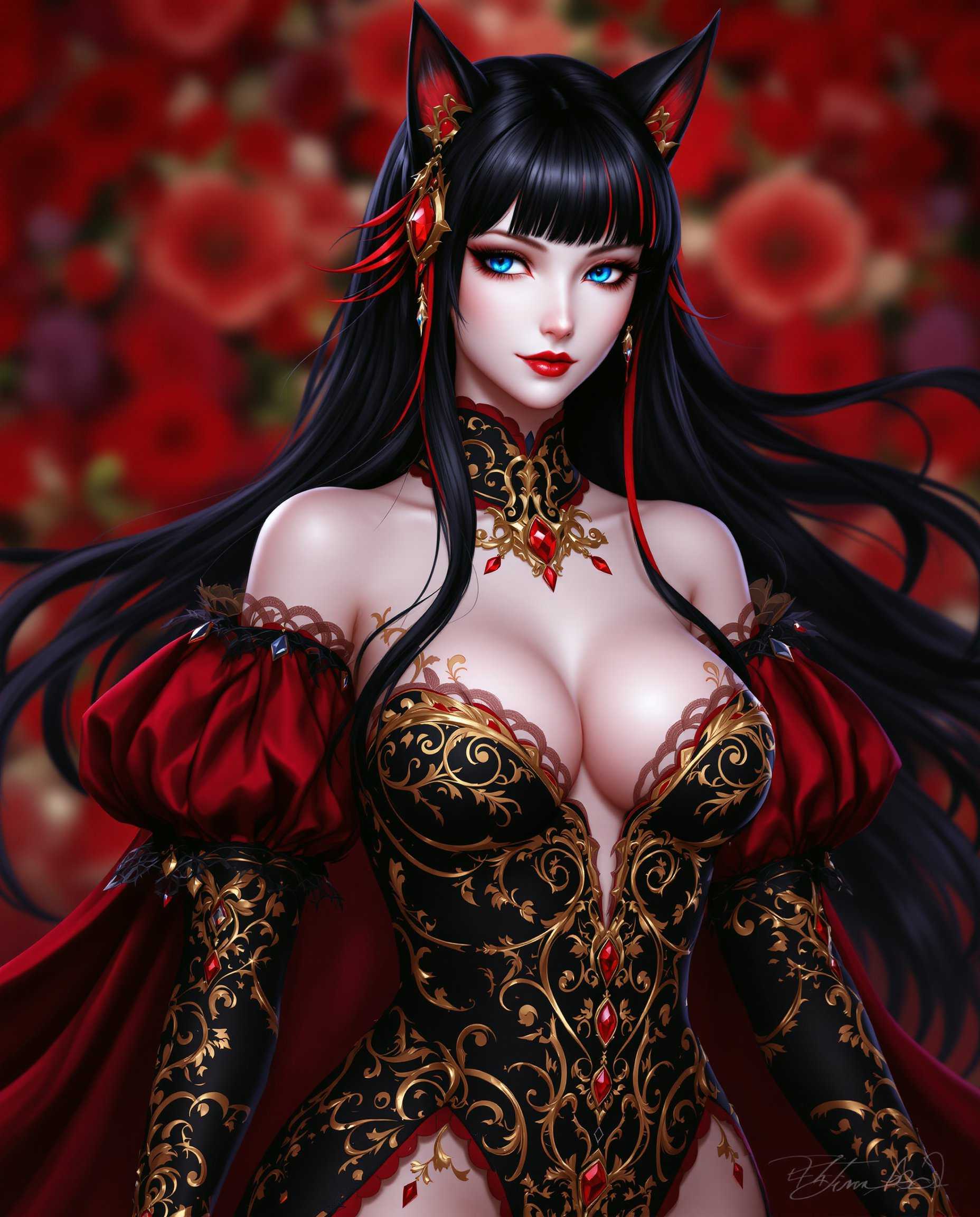 masterpiece, best quality, highres, sharp image, more detail, This is a realistic photo (photograph) of a female real person image of a stylized female character, possibly from a fantasy genre, given the detailed costume and the rich, vibrant colors. The character has long, flowing black hair with red highlights and what appear to be catlike ears, which adds to the fantasy aesthetic. Her eyes are a striking shade of blue, and her skin is a pale, almost translucent white.The art style is highly detailed and appears to be a digital illustration, with a focus on intricate textures and patterns. The medium seems to be a combination of digital painting and 3D modeling, as evidenced by the smooth skin and the defined edges of the costume.The costume is elaborate, with a black bodice adorned with gold filigree and red gemstones. The bodice is fitted and lowcut, revealing the characters chest. The sleeves are long and puffy, with a similar design to the bodice, and they are edged with lace. The character is also wearing a red cape or cloak that drapes elegantly around her shoulders and back.The colors in the image are rich and vibrant, with a predominance of reds, blacks, and golds. The reds are deep and saturated, creating a dramatic contrast against the black and white of the characters skin and hair. The gold accents add a touch of opulence and luxury to the overall design.There are no other objects in the image, focusing the viewers attention solely on the character and her costume. The background is a blur of red, which could be interpreted as a floral pattern or simply a way to emphasize the character and her costume.