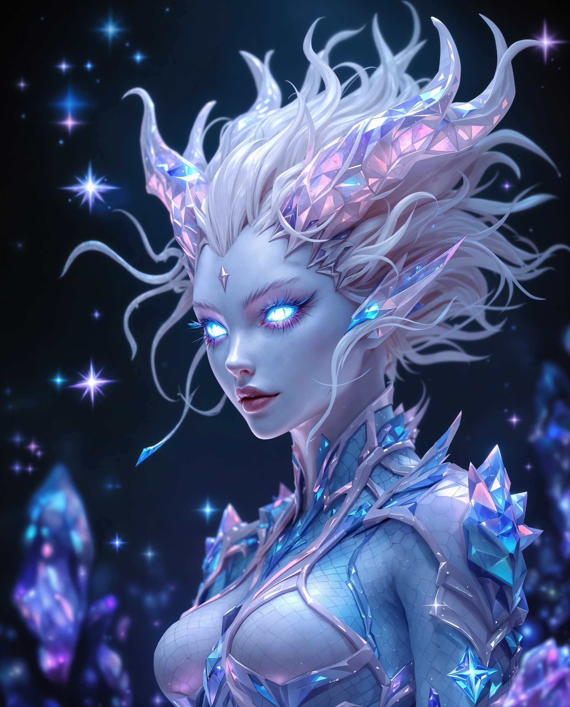 masterpiece, best quality, highres, sharp image, more detail <lora:more_details:0.5> <lora:SDXLrender_v2.0:1>, masterpiece, best quality, highres, sharp image, more detail, This is a realistic photo (photograph) of a female real person image that features a character with a blend of human and dragonlike traits, set against a dark, crystalline backdrop. The character has a pale, almost translucent skin tone with a scale pattern that alternates between a white and a pinkish hue. The scales are intricate, with a texture that appears both smooth and rough, and they shimmer with a spectrum of blues and purples, giving the character a luminous quality.The characters hair is a striking shade of white, with hints of blue and pink, and it flows in a wild, windswept manner. The hair is adorned with fantastical, hornlike protrusions that are also a mix of white, blue, and pink, and they curve outward in a dramatic fashion. The horns have a crystalline quality, with facets that catch the light and reflect the surrounding darkness.The characters eyes are a deep, piercing blue, and they are surrounded by a delicate, pale blue outline that gives them a ghostly appearance. The eyes are wide and seem to gaze into the distance, imbuing the character with a sense of mystery and otherworldliness.The character is wearing a formfitting, armorlike outfit that is a mix of human and dragon elements. The armor is primarily a translucent blue with hints of pink and white, and it has a scalelike texture that matches the characters skin. The armor is detailed with intricate patterns and designs that suggest a high level of craftsmanship.The characters hands are visible, and they are adorned with long, sharp claws that are a mix of white and pink, with a translucent quality. The claws are curved inward, giving the character a sense of readiness and power.The background of the image is a dark, crystalline landscape that is filled with floating, starlike objects. The crystals are a mix of blue and purple, with some having a pinkish hue, and they are arranged in a way that creates a sense of depth and movement. The crystals are illuminated by a soft, ethereal light that seems to emanate from within them, casting a glow on the character and the surrounding environment.Overall, the art style of the image is fantastical and surreal, with a strong emphasis on detail and texture. The medium appears to be digital, given the smooth gradients and the clarity of the colors. The use of light and shadow is masterful, creating a sense of depth and dimensionality in the image. The colors are vibrant and rich, with a harmonious blend of cool and warm tones that give the image a dynamic and otherworldly feel.