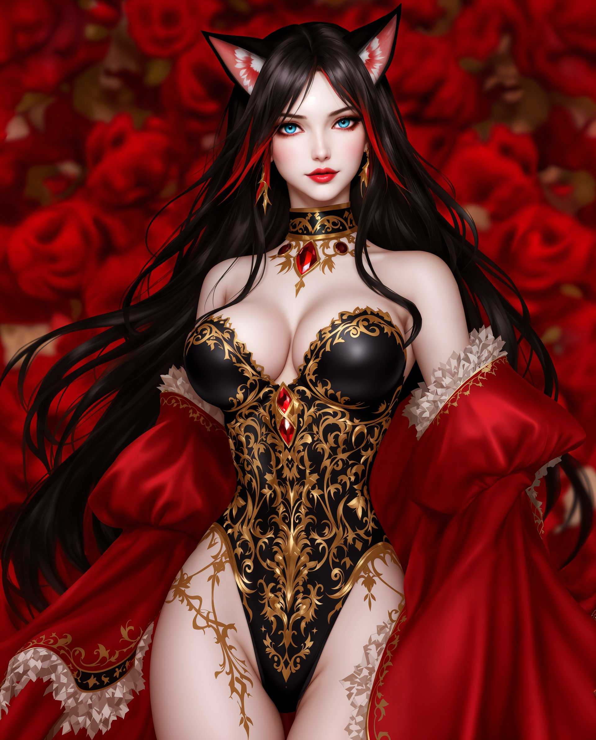 masterpiece, best quality, highres, sharp image, more detail <lora:more_details:0.5> <lora:SDXLrender_v2.0:1>, masterpiece, best quality, highres, sharp image, more detail, This is a realistic photo (photograph) of a female real person image of a stylized female character, possibly from a fantasy genre, given the detailed costume and the rich, vibrant colors. The character has long, flowing black hair with red highlights and what appear to be catlike ears, which adds to the fantasy aesthetic. Her eyes are a striking shade of blue, and her skin is a pale, almost translucent white.The art style is highly detailed and appears to be a digital illustration, with a focus on intricate textures and patterns. The medium seems to be a combination of digital painting and 3D modeling, as evidenced by the smooth skin and the defined edges of the costume.The costume is elaborate, with a black bodice adorned with gold filigree and red gemstones. The bodice is fitted and lowcut, revealing the characters chest. The sleeves are long and puffy, with a similar design to the bodice, and they are edged with lace. The character is also wearing a red cape or cloak that drapes elegantly around her shoulders and back.The colors in the image are rich and vibrant, with a predominance of reds, blacks, and golds. The reds are deep and saturated, creating a dramatic contrast against the black and white of the characters skin and hair. The gold accents add a touch of opulence and luxury to the overall design.There are no other objects in the image, focusing the viewers attention solely on the character and her costume. The background is a blur of red, which could be interpreted as a floral pattern or simply a way to emphasize the character and her costume.