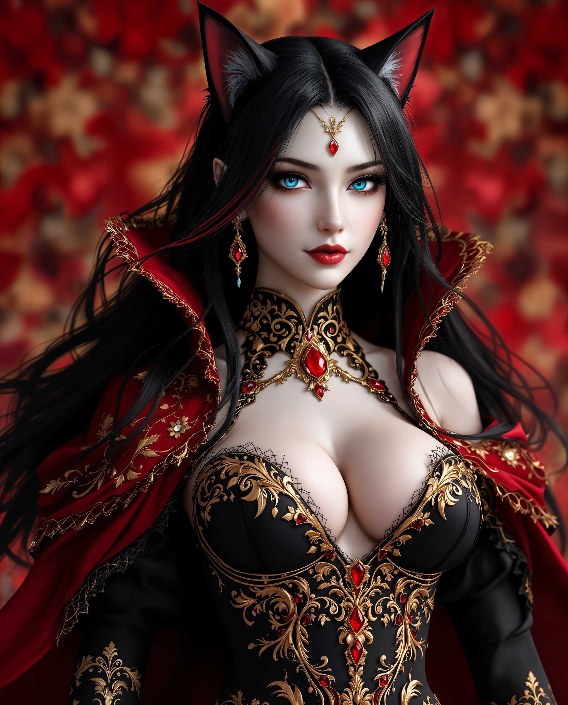 masterpiece, best quality, highres, sharp image, more detail <lora:more_details:0.5> <lora:SDXLrender_v2.0:1>, masterpiece, best quality, highres, sharp image, more detail, This is a realistic photo (photograph) of a female real person image of a stylized female character, possibly from a fantasy genre, given the detailed costume and the rich, vibrant colors. The character has long, flowing black hair with red highlights and what appear to be catlike ears, which adds to the fantasy aesthetic. Her eyes are a striking shade of blue, and her skin is a pale, almost translucent white.The art style is highly detailed and appears to be a digital illustration, with a focus on intricate textures and patterns. The medium seems to be a combination of digital painting and 3D modeling, as evidenced by the smooth skin and the defined edges of the costume.The costume is elaborate, with a black bodice adorned with gold filigree and red gemstones. The bodice is fitted and lowcut, revealing the characters chest. The sleeves are long and puffy, with a similar design to the bodice, and they are edged with lace. The character is also wearing a red cape or cloak that drapes elegantly around her shoulders and back.The colors in the image are rich and vibrant, with a predominance of reds, blacks, and golds. The reds are deep and saturated, creating a dramatic contrast against the black and white of the characters skin and hair. The gold accents add a touch of opulence and luxury to the overall design.There are no other objects in the image, focusing the viewers attention solely on the character and her costume. The background is a blur of red, which could be interpreted as a floral pattern or simply a way to emphasize the character and her costume.