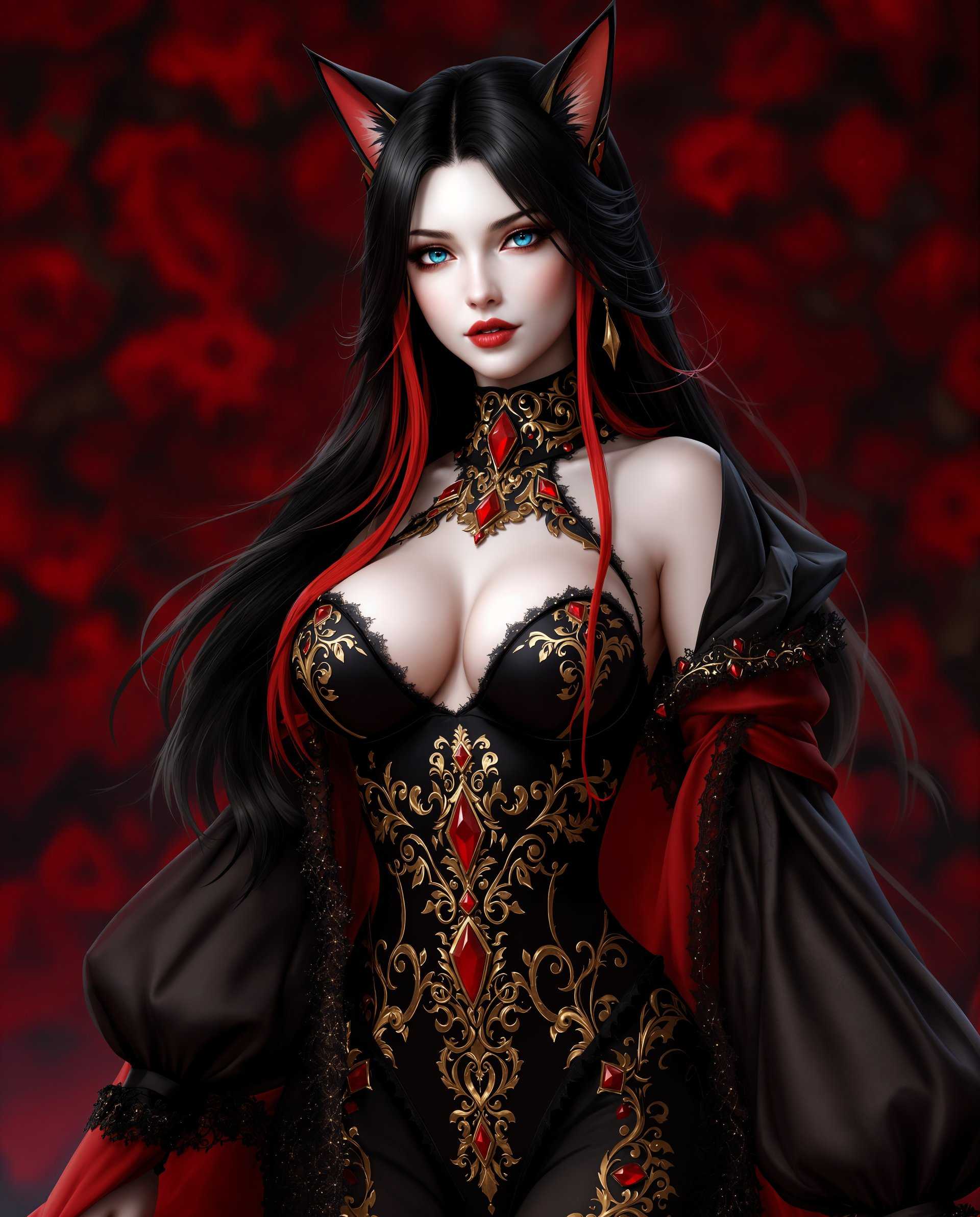 masterpiece, best quality, highres, sharp image, more detail <lora:more_details:0.5> <lora:SDXLrender_v2.0:1>, masterpiece, best quality, highres, sharp image, more detail, This is a realistic photo (photograph) of a female real person image of a stylized female character, possibly from a fantasy genre, given the detailed costume and the rich, vibrant colors. The character has long, flowing black hair with red highlights and what appear to be catlike ears, which adds to the fantasy aesthetic. Her eyes are a striking shade of blue, and her skin is a pale, almost translucent white.The art style is highly detailed and appears to be a digital illustration, with a focus on intricate textures and patterns. The medium seems to be a combination of digital painting and 3D modeling, as evidenced by the smooth skin and the defined edges of the costume.The costume is elaborate, with a black bodice adorned with gold filigree and red gemstones. The bodice is fitted and lowcut, revealing the characters chest. The sleeves are long and puffy, with a similar design to the bodice, and they are edged with lace. The character is also wearing a red cape or cloak that drapes elegantly around her shoulders and back.The colors in the image are rich and vibrant, with a predominance of reds, blacks, and golds. The reds are deep and saturated, creating a dramatic contrast against the black and white of the characters skin and hair. The gold accents add a touch of opulence and luxury to the overall design.There are no other objects in the image, focusing the viewers attention solely on the character and her costume. The background is a blur of red, which could be interpreted as a floral pattern or simply a way to emphasize the character and her costume.