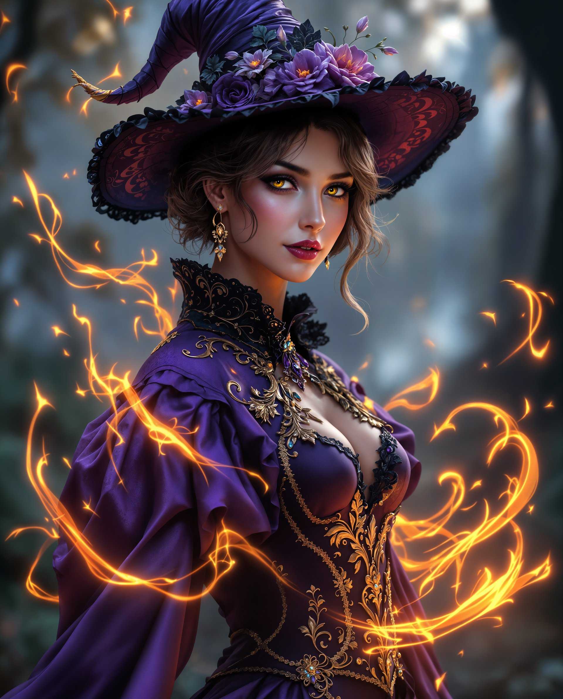 masterpiece, best quality, highres, sharp image, more detail <lora:more_details:0.5> <lora:SDXLrender_v2.0:1>, masterpiece, best quality, highres, sharp image, more detail, This is a realistic photo (photograph) of a female real person image that exudes a fantasy and magical aura. The medium appears to be digital painting, given the smooth gradients and the high level of detail.The central figure is a woman dressed in a richly detailed costume that suggests a fantasy setting. Her attire is primarily in shades of purple and black, with gold and red accents that stand out against the darker tones. The costume is adorned with intricate patterns and floral motifs, which are highlighted by the warm glow emanating from the surrounding magical energy.She wears a widebrimmed hat that matches her outfit in color and style, with a floral adornment that adds a touch of elegance. The hats brim is decorated with lace, and it has a curled tip that gives it a whimsical appearance.The womans hair is styled in a short, wavy manner, with the tips of the strands catching the magical light, giving them a fiery hue. Her eyes are a striking shade of yellow, which contrasts with the deep purples and blacks of her outfit and the surrounding environment.The magical energy that surrounds her is depicted in a dynamic and swirling manner, with tendrils of orange and yellow that suggest flames. The light from this energy casts a warm glow on the woman and her surroundings, creating a luminous effect that adds to the mystical ambiance of the scene.In the background, there is a blurred landscape that appears to be a forest or a magical grove, with trees and foliage that are illuminated by the same magical light. The light seems to emanate from the woman, suggesting that she is the source of this enchanting energy.Overall, the image is a stunning example of digital fantasy art, with a focus on rich colors, intricate details, and a magical atmosphere.