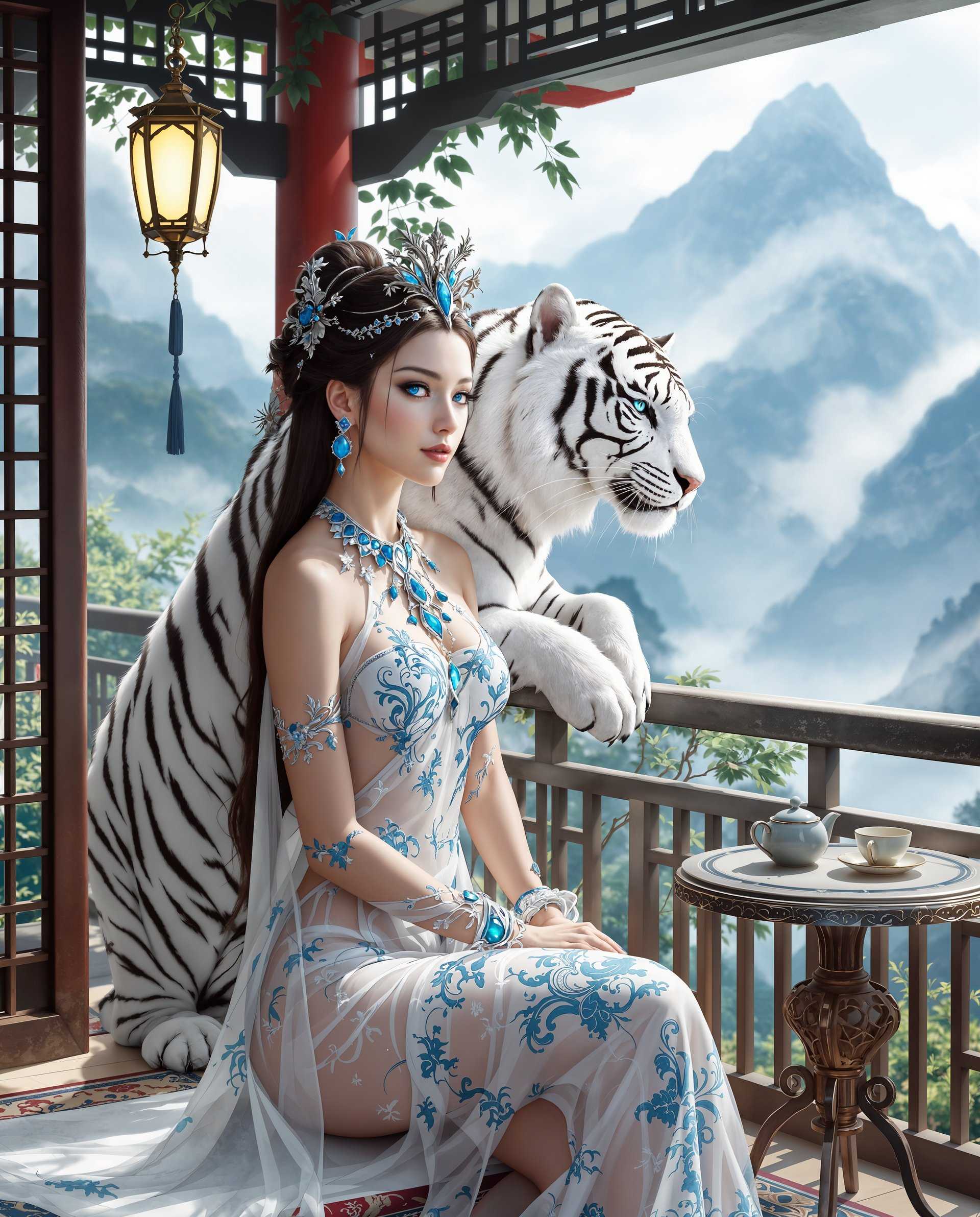 masterpiece, best quality, highres, sharp image, more detail <lora:more_details:0.5> <lora:SDXLrender_v2.0:1>, masterpiece, best quality, highres, sharp image, more detail, This is a realistic photo (photograph) of a female real person image that has elements of realism, featuring a white tiger and a human female figure. The art style is highly detailed and stylized, with a focus on the textures and patterns of the characters and their surroundings.The medium appears to be digital painting, given the smooth gradients and the lack of brush strokes. The colors are vibrant and rich, with a predominance of whites, grays, blues, and touches of green and gold. The white tiger has striking blue eyes and black stripes on a white fur, which stands out against the more subdued colors of the human figure and the background.The human figure is adorned in a white, semitransparent dress with intricate blue and silver patterns, which gives off an ethereal and delicate appearance. The dress is fitted and formfitting, highlighting the figures curves, and is accessorized with matching blue jewelry, including earrings, a necklace, bracelets, and a headpiece.The setting is a traditional East Asianstyle balcony with a lattice railing and a hanging lantern, which adds to the fantasy and historical ambiance of the scene. The balcony overlooks a mountainous landscape, with misty peaks and lush greenery, which provides a majestic and serene backdrop to the characters.In the foreground, there is a small, ornate table with a teapot and a cup, suggesting a moment of relaxation or contemplation. The table is placed on a patterned rug that complements the overall aesthetic of the scene.Overall, the image exudes a sense of mystique and tranquility, with a harmonious blend of fantasy and realism. The attention to detail in the textures, colors, and composition creates a visually engaging and immersive experience.