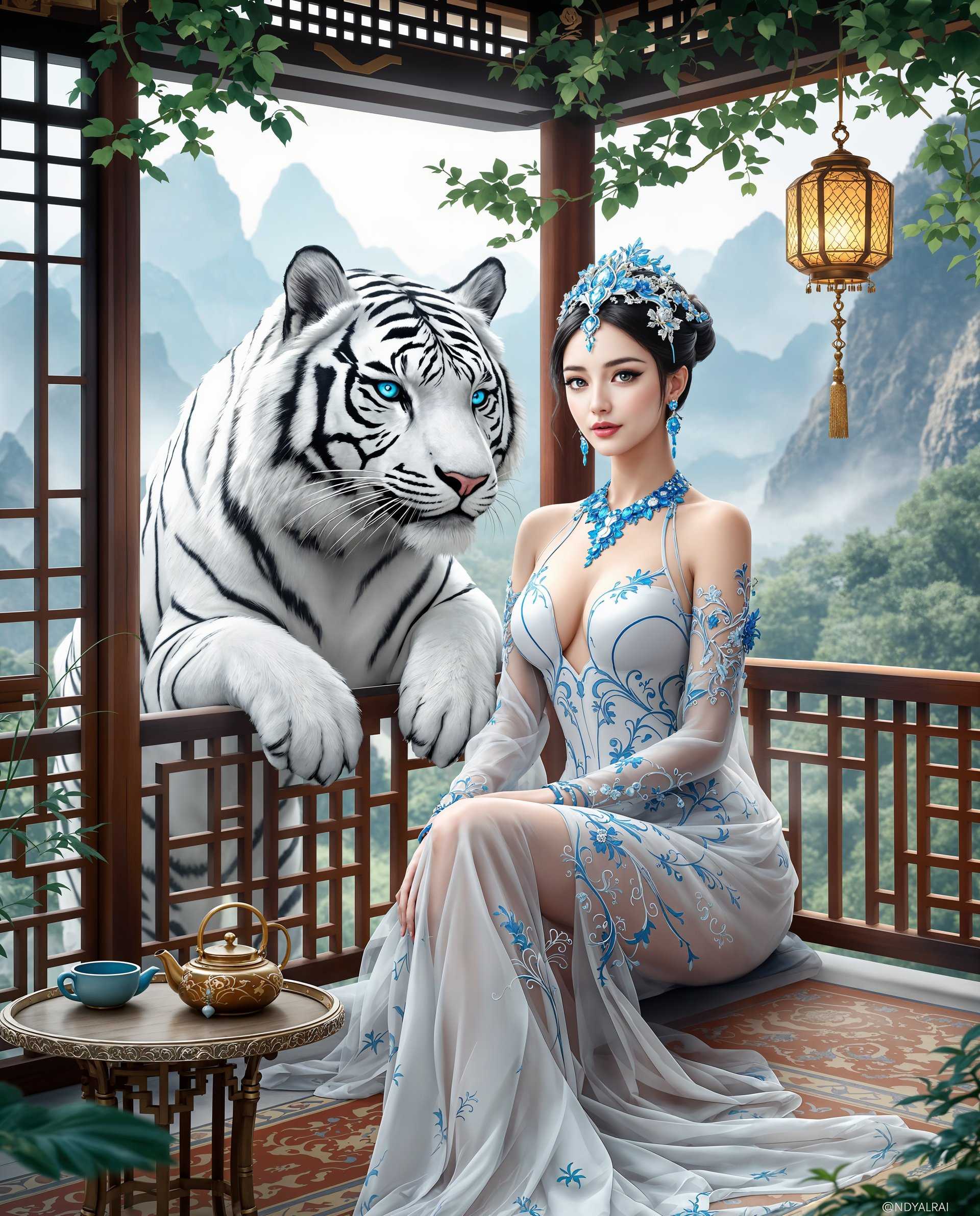 masterpiece, best quality, highres, sharp image, more detail <lora:more_details:0.5> <lora:SDXLrender_v2.0:1>, masterpiece, best quality, highres, sharp image, more detail, This is a realistic photo (photograph) of a female real person image that has elements of realism, featuring a white tiger and a human female figure. The art style is highly detailed and stylized, with a focus on the textures and patterns of the characters and their surroundings.The medium appears to be digital painting, given the smooth gradients and the lack of brush strokes. The colors are vibrant and rich, with a predominance of whites, grays, blues, and touches of green and gold. The white tiger has striking blue eyes and black stripes on a white fur, which stands out against the more subdued colors of the human figure and the background.The human figure is adorned in a white, semitransparent dress with intricate blue and silver patterns, which gives off an ethereal and delicate appearance. The dress is fitted and formfitting, highlighting the figures curves, and is accessorized with matching blue jewelry, including earrings, a necklace, bracelets, and a headpiece.The setting is a traditional East Asianstyle balcony with a lattice railing and a hanging lantern, which adds to the fantasy and historical ambiance of the scene. The balcony overlooks a mountainous landscape, with misty peaks and lush greenery, which provides a majestic and serene backdrop to the characters.In the foreground, there is a small, ornate table with a teapot and a cup, suggesting a moment of relaxation or contemplation. The table is placed on a patterned rug that complements the overall aesthetic of the scene.Overall, the image exudes a sense of mystique and tranquility, with a harmonious blend of fantasy and realism. The attention to detail in the textures, colors, and composition creates a visually engaging and immersive experience.