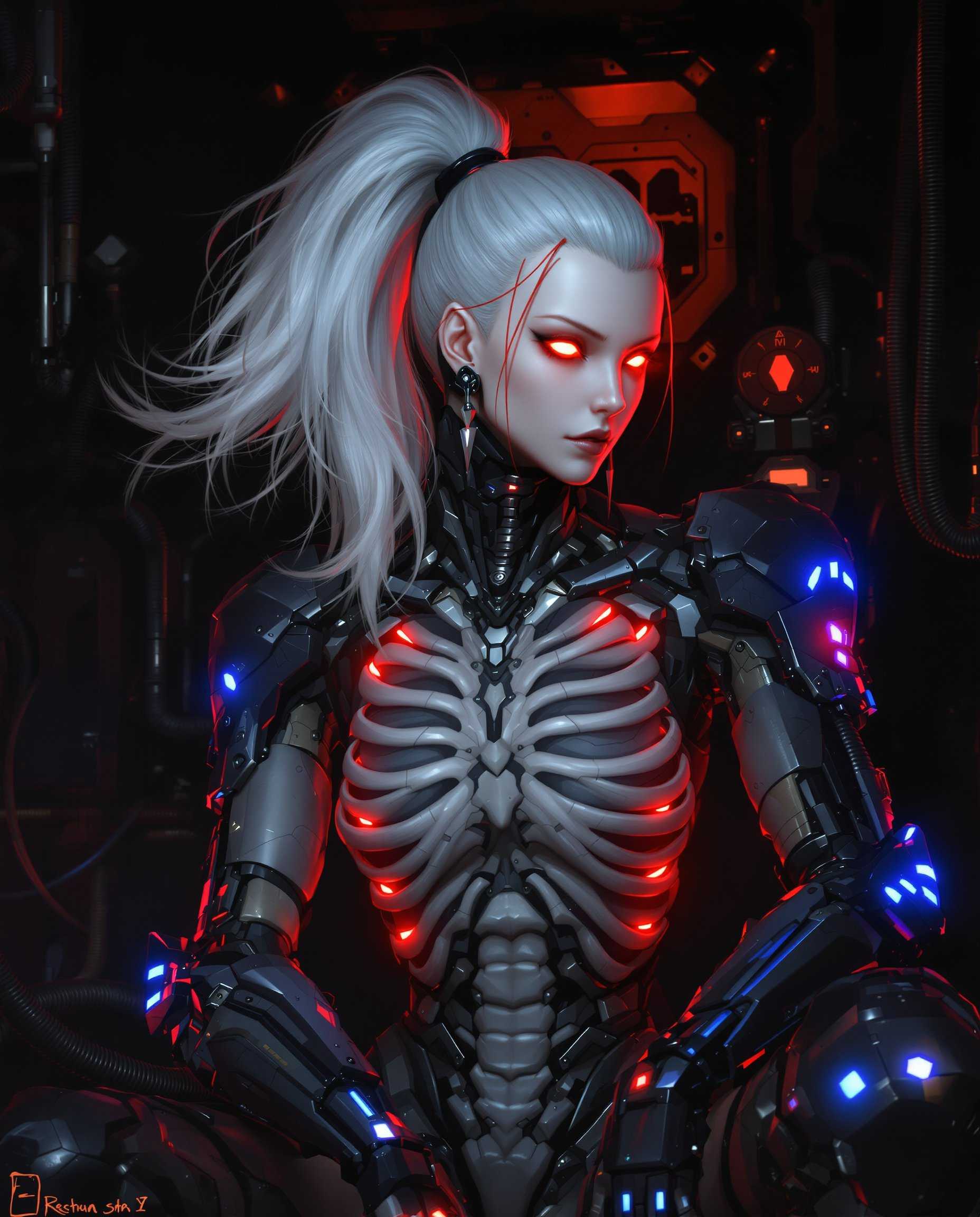 masterpiece, best quality, highres, sharp image, more detail, This image is a digital artwork that combines elements of cyberpunk and futuristic realistic styles. The medium appears to be a highresolution digital painting, utilizing advanced techniques to create a rich and detailed visual experience.The art style is characterized by its intricate attention to detail, with a focus on mechanical and organic elements intertwined. The color palette is dark and moody, with a predominance of black, gray, and shades of red and blue, which are highlighted by strategic lighting. The use of red and blue lights gives the image a sense of advanced technology and energy.The subject of the image is a humanoid figure with cybernetic enhancements. The figure has a pale, almost translucent skin tone, with a high ponytail of white hair that flows dynamically, suggesting movement. The hair is detailed with strands of red, which echo the red lights in the background and on the figures mechanical parts.The figures eyes are glowing red, which is a common trope in cyberpunk imagery, often representing a fusion of human and machine or a heightened state of awareness. The eyes are detailed with a reflective sheen, giving them a realistic quality.The figures mechanical enhancements are highly detailed and complex, with a mix of organic and mechanical textures. The armor plating is segmented, with a pattern that resembles bones or a spine, which runs down the figures back. The armor is adorned with glowing blue lights, which contrast with the red lights and add to the overall sense of advanced technology.The figures right arm is fully mechanical, with a sleek design that blends seamlessly into the flesh. The arm is equipped with what appears to be a weapon or tool, with a red light emanating from it. The left arm, however, retains a more human form, with a visible bicep and forearm, but the hand is obscured by the mechanical arm.The figure is seated in a dark, industrial environment that is filled with wires, conduits, and mechanical parts. The background is a tapestry of darkness punctuated by the red and blue lights, which cast a dramatic and moody ambiance over the scene.Overall, the image is a powerful visual statement that explores themes of humanity, technology, and the future. The interplay of light and shadow, along with the detailed rendering of both organic and mechanical elements, creates a compelling and immersive experience.