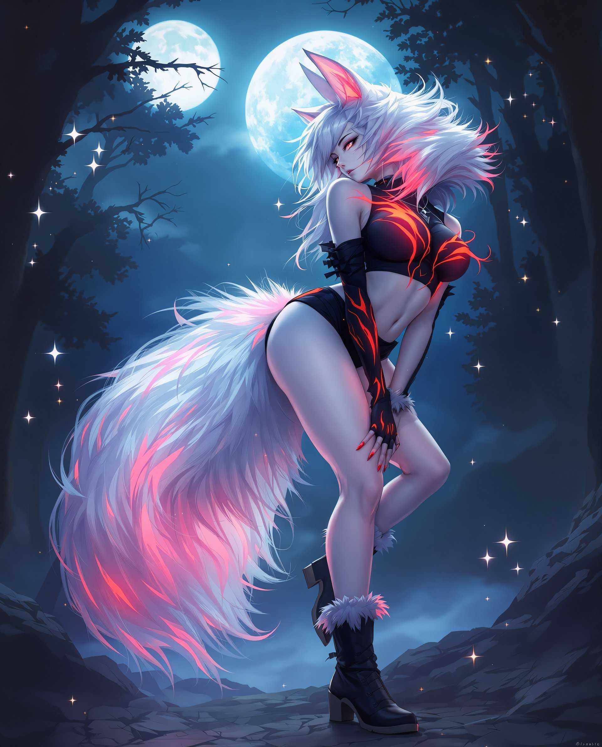 masterpiece, best quality, highres, sharp image, more detail <lora:more_details:0.5> <lora:SDXLrender_v2.0:1>, This is a realistic photo (photograph) of a female real person image that features a character with a blend of human and animal traits, resembling a mythical creature often referred to as a Kitsune, which is a fox spirit from Japanese folklore. The character is depicted in a dynamic, bending pose that accentuates their muscular build and the flowing tail that cascades behind them.The art style is a blend of fantasy and anime, with a focus on detailed anatomy and a soft, almost ethereal quality to the rendering. The medium appears to be digital painting, given the smooth gradients and the lack of texture that one might expect from traditional mediums like oil or acrylic.Colors are rich and varied, with a predominance of deep blues and blacks that give the image a nocturnal and mysterious feel. The characters skin is a pale, almost translucent white, which contrasts sharply with the dark background and the vibrant pink and blue hues of the tail. The red glow on the characters clothing and the tail adds a pop of color that draws the eye and suggests a magical or supernatural element.Objects in the image include the characters detailed fur, the long, flowing tail with its gradient of colors, and the dark, forestlike background. The full moon in the sky casts a serene glow over the scene, while the scattered sparkles add to the magical atmosphere. The characters clothing, which consists of a black top with red flamelike patterns and a pair of short, highwaisted shorts, is both practical and stylish, fitting for a creature that is both wild and civilized. The boots are sturdy and black, with white fur trim, which complements the overall aesthetic of the character.Overall, the image is a captivating blend of fantasy and anime aesthetics, with a strong emphasis on the characters mythical nature and the magical, otherworldly setting.