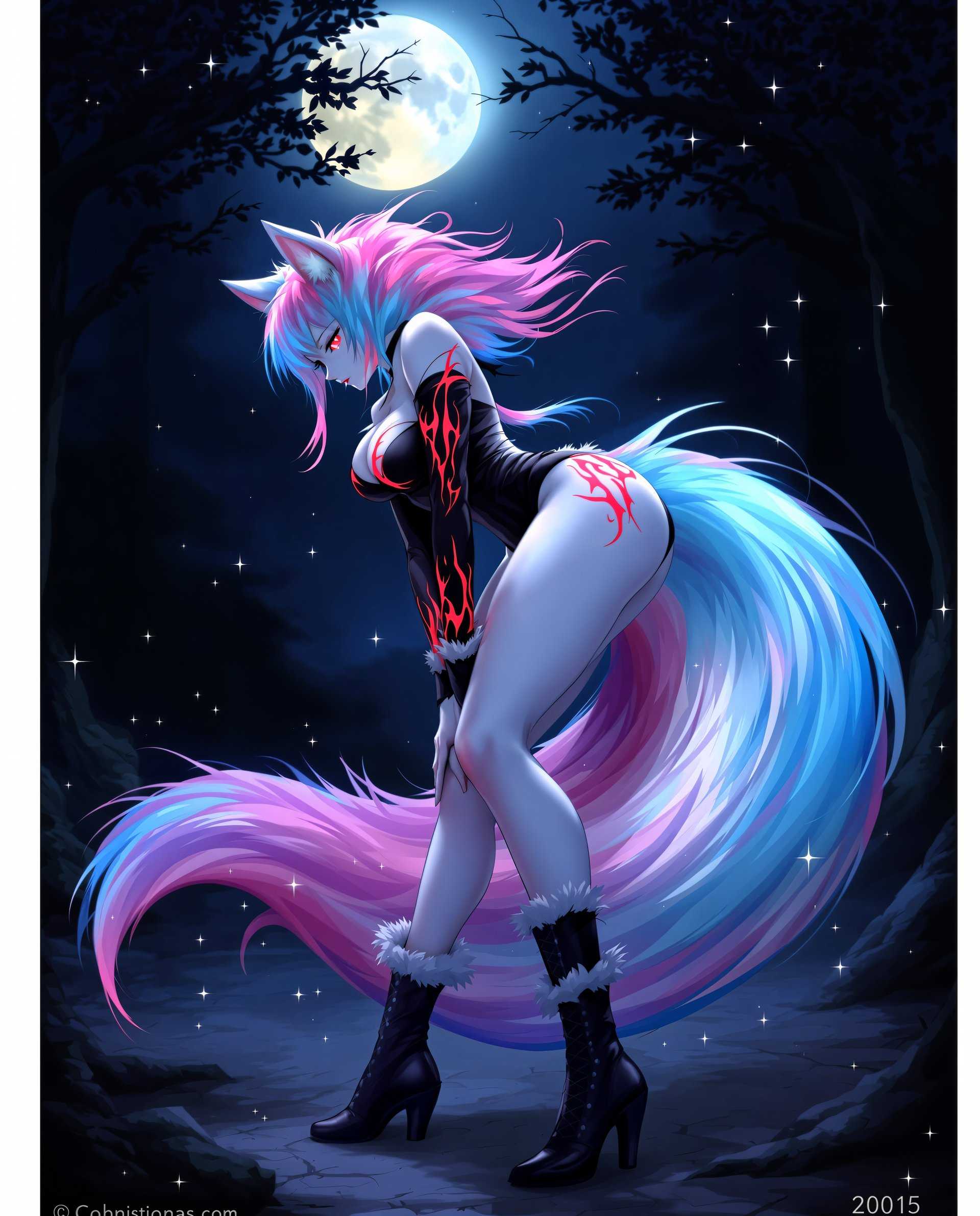masterpiece, best quality, highres, sharp image, more detail <lora:more_details:0.5> <lora:SDXLrender_v2.0:1>, This is a realistic photo (photograph) of a female real person image that features a character with a blend of human and animal traits, resembling a mythical creature often referred to as a Kitsune, which is a fox spirit from Japanese folklore. The character is depicted in a dynamic, bending pose that accentuates their muscular build and the flowing tail that cascades behind them.The art style is a blend of fantasy and anime, with a focus on detailed anatomy and a soft, almost ethereal quality to the rendering. The medium appears to be digital painting, given the smooth gradients and the lack of texture that one might expect from traditional mediums like oil or acrylic.Colors are rich and varied, with a predominance of deep blues and blacks that give the image a nocturnal and mysterious feel. The characters skin is a pale, almost translucent white, which contrasts sharply with the dark background and the vibrant pink and blue hues of the tail. The red glow on the characters clothing and the tail adds a pop of color that draws the eye and suggests a magical or supernatural element.Objects in the image include the characters detailed fur, the long, flowing tail with its gradient of colors, and the dark, forestlike background. The full moon in the sky casts a serene glow over the scene, while the scattered sparkles add to the magical atmosphere. The characters clothing, which consists of a black top with red flamelike patterns and a pair of short, highwaisted shorts, is both practical and stylish, fitting for a creature that is both wild and civilized. The boots are sturdy and black, with white fur trim, which complements the overall aesthetic of the character.Overall, the image is a captivating blend of fantasy and anime aesthetics, with a strong emphasis on the characters mythical nature and the magical, otherworldly setting.
