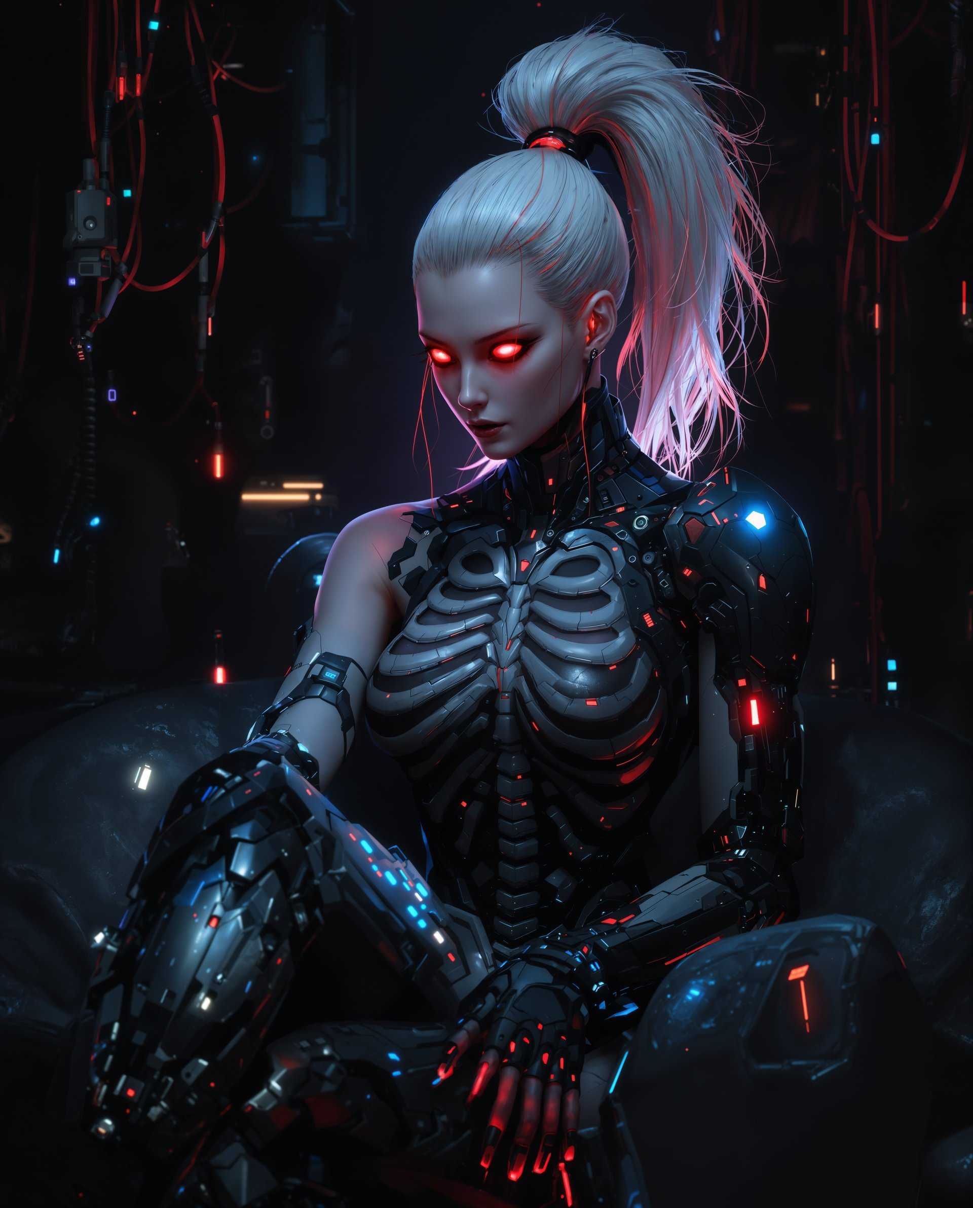 masterpiece, best quality, highres, sharp image, more detail <lora:more_details:0.5> <lora:SDXLrender_v2.0:1>, masterpiece, best quality, highres, sharp image, more detail, This image is a digital artwork that combines elements of cyberpunk and futuristic realistic styles. The medium appears to be a highresolution digital painting, utilizing advanced techniques to create a rich and detailed visual experience.The art style is characterized by its intricate attention to detail, with a focus on mechanical and organic elements intertwined. The color palette is dark and moody, with a predominance of black, gray, and shades of red and blue, which are highlighted by strategic lighting. The use of red and blue lights gives the image a sense of advanced technology and energy.The subject of the image is a humanoid figure with cybernetic enhancements. The figure has a pale, almost translucent skin tone, with a high ponytail of white hair that flows dynamically, suggesting movement. The hair is detailed with strands of red, which echo the red lights in the background and on the figures mechanical parts.The figures eyes are glowing red, which is a common trope in cyberpunk imagery, often representing a fusion of human and machine or a heightened state of awareness. The eyes are detailed with a reflective sheen, giving them a realistic quality.The figures mechanical enhancements are highly detailed and complex, with a mix of organic and mechanical textures. The armor plating is segmented, with a pattern that resembles bones or a spine, which runs down the figures back. The armor is adorned with glowing blue lights, which contrast with the red lights and add to the overall sense of advanced technology.The figures right arm is fully mechanical, with a sleek design that blends seamlessly into the flesh. The arm is equipped with what appears to be a weapon or tool, with a red light emanating from it. The left arm, however, retains a more human form, with a visible bicep and forearm, but the hand is obscured by the mechanical arm.The figure is seated in a dark, industrial environment that is filled with wires, conduits, and mechanical parts. The background is a tapestry of darkness punctuated by the red and blue lights, which cast a dramatic and moody ambiance over the scene.Overall, the image is a powerful visual statement that explores themes of humanity, technology, and the future. The interplay of light and shadow, along with the detailed rendering of both organic and mechanical elements, creates a compelling and immersive experience.