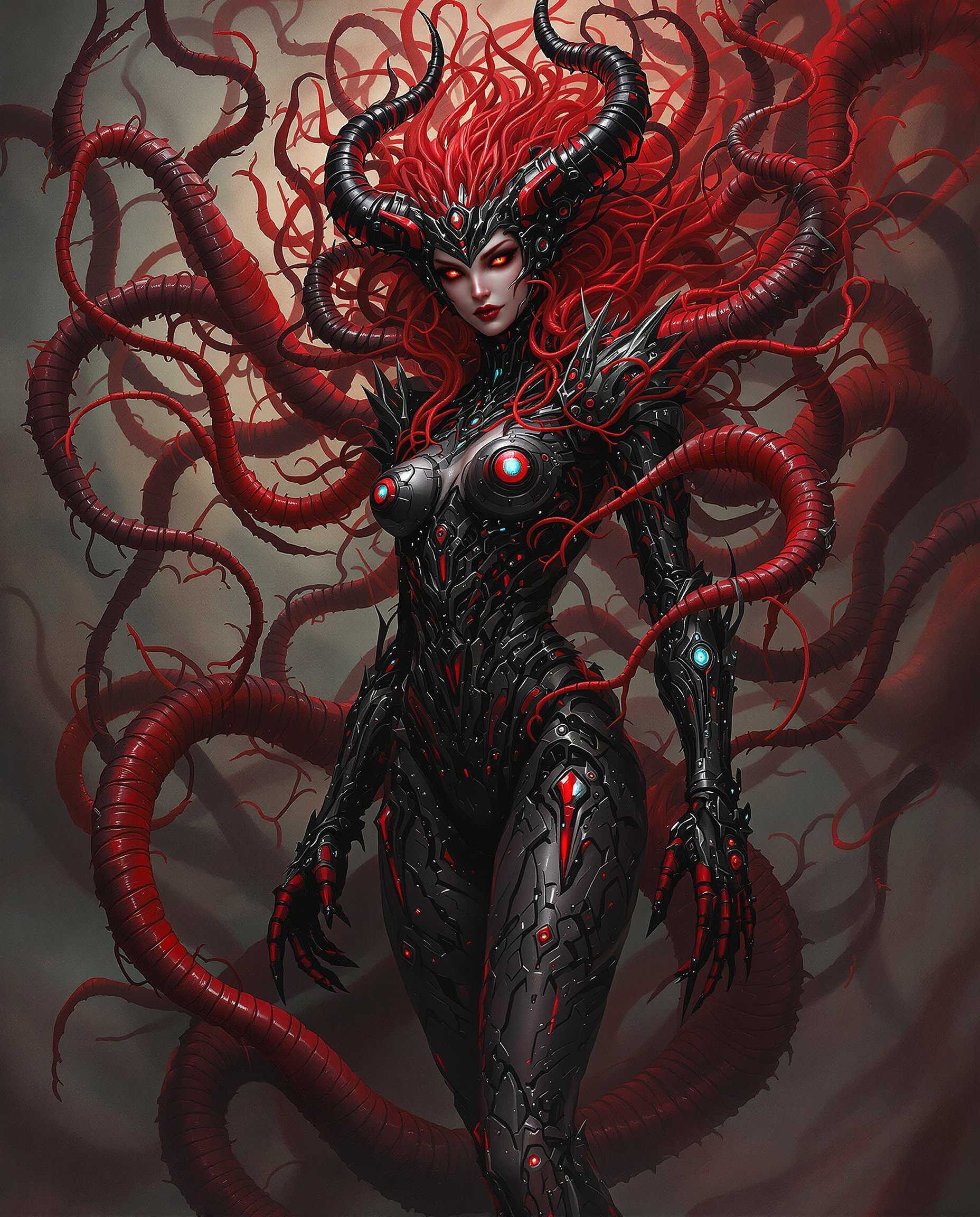 masterpiece, best quality, highres, sharp image, more detail, This is a realistic photo (photograph) of a female real person intricate and detailed digital artwork that features a central figure with a gothic and fantasy aesthetic. The medium appears to be a digital painting, utilizing a high level of detail and shading to create a threedimensional effect. The use of lighting and shadow is particularly effective, with a focus on the interplay of light and dark to give the image depth and a sense of drama.The colors are rich and vibrant, with a predominance of reds and blacks, punctuated by metallic and iridescent accents. The reds range from deep crimson to bright scarlet, creating a sense of passion and intensity. The blacks are used to define the outlines and textures of the figure and her mechanical appendages, giving them a sleek and imposing appearance. The metallics and iridescents add a touch of elegance and complexity, reflecting light and giving the image a dynamic quality.The objects in the image are numerous and varied. The central figure is adorned with mechanical armor that is both intricate and organic in its design. The armor is composed of various shapes and forms, including gears, tubes, and what appear to be living organisms, suggesting a fusion of technology and biology. The figures hair and tail are also mechanical, with tendrils and spikes that blend seamlessly with the armor.In the background, there is a chaotic and swirling mass of tentacles and tendrils in various shades of red, which seem to emanate from the figure and envelop her. These tentacles are detailed with eyes and other organic features, adding to the sense of a living, sentient entity.Overall, the image exudes a sense of power, mystery, and otherworldliness, with a strong emphasis on the interplay between technology and biology, and the use of color and lighting to create a dramatic and immersive visual experience.
