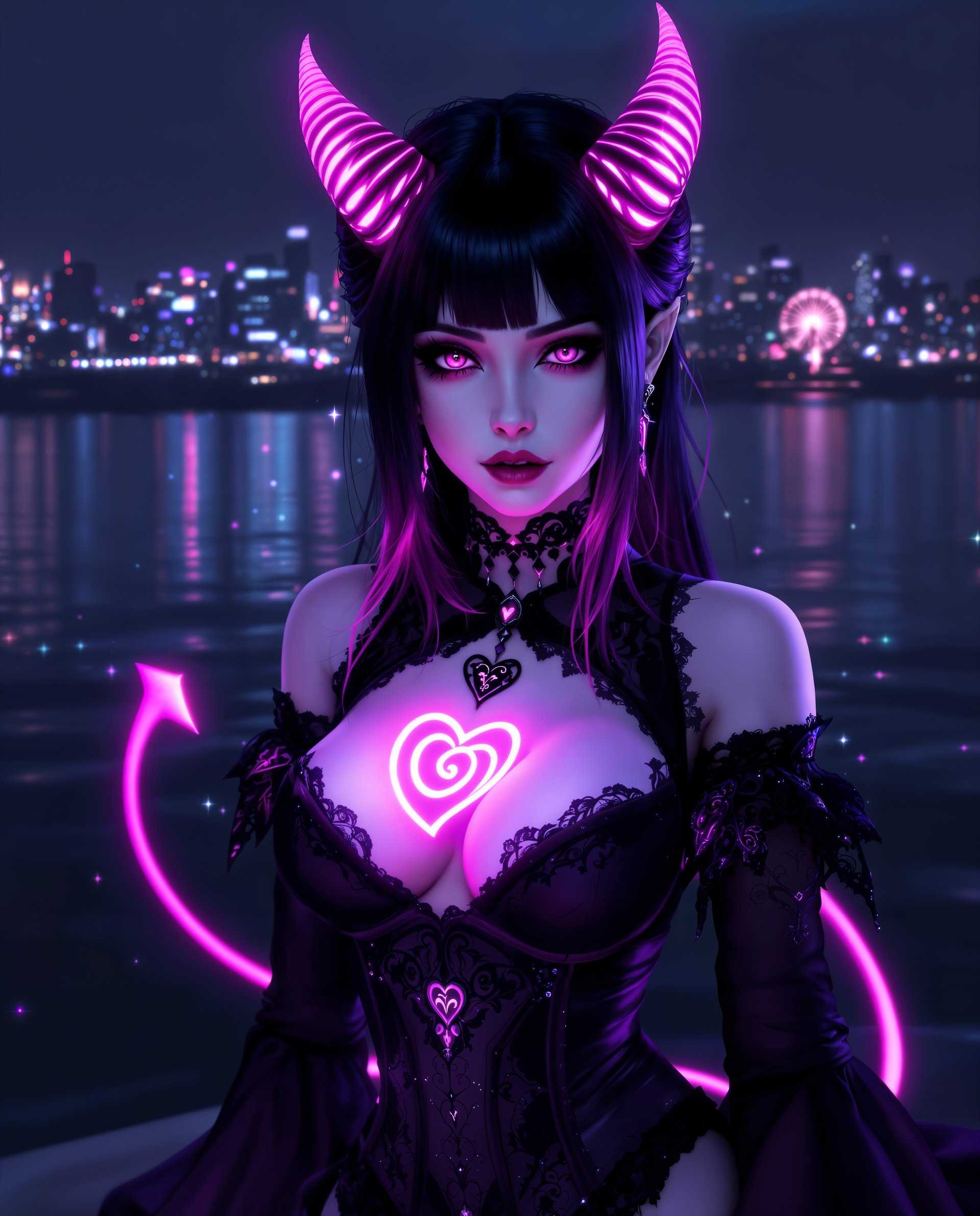 masterpiece, best quality, highres, sharp image, more detail <lora:more_details:0.5> <lora:SDXLrender_v2.0:1>, masterpiece, best quality, highres, sharp image, more detail, This is a realistic photo (photograph) of a female real person digital artwork that features a character with a gothic and fantasy aesthetic. The character is a female with dark hair and horns that have a gradient of pink to purple hues, giving them a neonlike appearance. Her eyes are a deep shade of purple, and she has a smoky eye makeup effect that matches her hair and horns.She is wearing a black outfit with a high neckline and a corsetlike bodice that has intricate designs and patterns, suggesting a mix of gothic and fantasy elements. The outfit is detailed with lace and beadwork, and theres a prominent, glowing symbol on her chest that resembles a stylized heart with a swirl inside.The characters tail is long and pink, with a similar neon effect to her horns, and it curves around her body, ending in a pointed tip. Her skin is a pale, almost translucent white, and there are subtle highlights and shadows that give her form a threedimensional quality.The background of the image is a dark, nighttime scene with a body of water reflecting the lights of a city skyline. The water is shimmering with neon lights and sparkles, and theres a sense of depth created by the reflections and the play of light and shadow.The overall art style is highquality and detailed, with a strong emphasis on the interplay of light and color to create a dramatic and otherworldly atmosphere. The medium appears to be digital painting, given the smooth gradients and the lack of texture that might be present in traditional painting mediums.