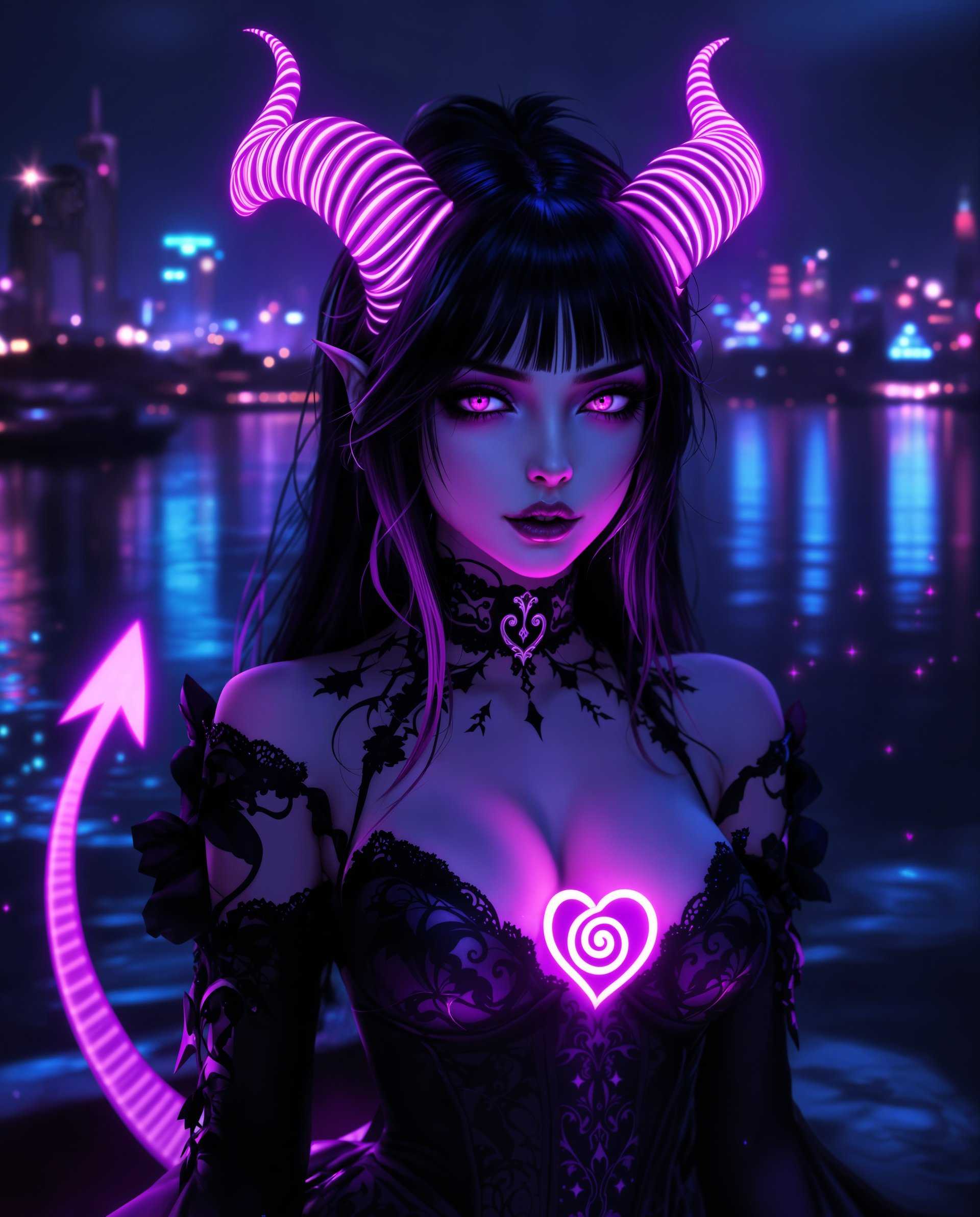 masterpiece, best quality, highres, sharp image, more detail <lora:more_details:0.5> <lora:SDXLrender_v2.0:1>, masterpiece, best quality, highres, sharp image, more detail, This is a realistic photo (photograph) of a female real person digital artwork that features a character with a gothic and fantasy aesthetic. The character is a female with dark hair and horns that have a gradient of pink to purple hues, giving them a neonlike appearance. Her eyes are a deep shade of purple, and she has a smoky eye makeup effect that matches her hair and horns.She is wearing a black outfit with a high neckline and a corsetlike bodice that has intricate designs and patterns, suggesting a mix of gothic and fantasy elements. The outfit is detailed with lace and beadwork, and theres a prominent, glowing symbol on her chest that resembles a stylized heart with a swirl inside.The characters tail is long and pink, with a similar neon effect to her horns, and it curves around her body, ending in a pointed tip. Her skin is a pale, almost translucent white, and there are subtle highlights and shadows that give her form a threedimensional quality.The background of the image is a dark, nighttime scene with a body of water reflecting the lights of a city skyline. The water is shimmering with neon lights and sparkles, and theres a sense of depth created by the reflections and the play of light and shadow.The overall art style is highquality and detailed, with a strong emphasis on the interplay of light and color to create a dramatic and otherworldly atmosphere. The medium appears to be digital painting, given the smooth gradients and the lack of texture that might be present in traditional painting mediums.