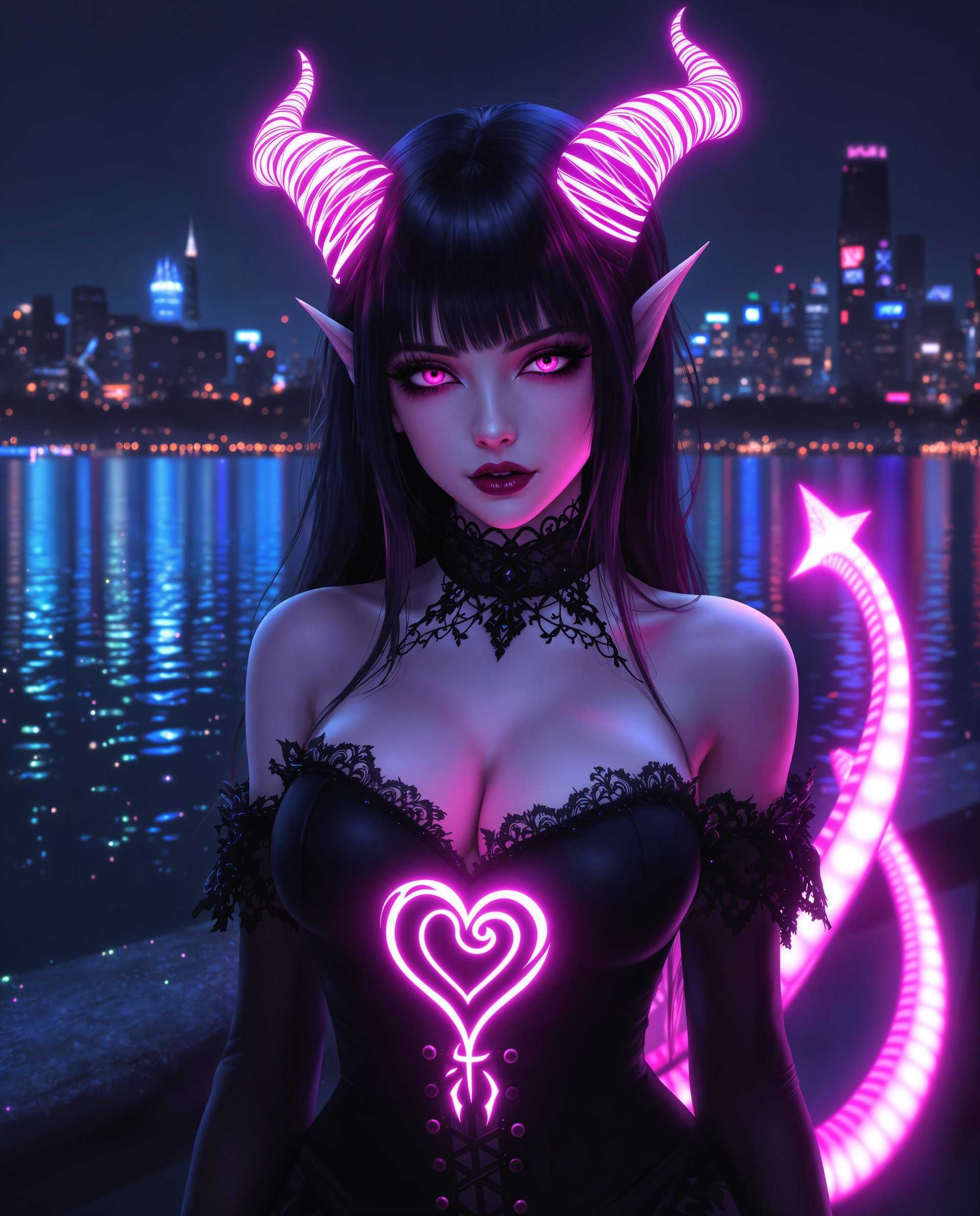 masterpiece, best quality, highres, sharp image, more detail <lora:more_details:0.5> <lora:SDXLrender_v2.0:1>, masterpiece, best quality, highres, sharp image, more detail, This is a realistic photo (photograph) of a female real person digital artwork that features a character with a gothic and fantasy aesthetic. The character is a female with dark hair and horns that have a gradient of pink to purple hues, giving them a neonlike appearance. Her eyes are a deep shade of purple, and she has a smoky eye makeup effect that matches her hair and horns.She is wearing a black outfit with a high neckline and a corsetlike bodice that has intricate designs and patterns, suggesting a mix of gothic and fantasy elements. The outfit is detailed with lace and beadwork, and theres a prominent, glowing symbol on her chest that resembles a stylized heart with a swirl inside.The characters tail is long and pink, with a similar neon effect to her horns, and it curves around her body, ending in a pointed tip. Her skin is a pale, almost translucent white, and there are subtle highlights and shadows that give her form a threedimensional quality.The background of the image is a dark, nighttime scene with a body of water reflecting the lights of a city skyline. The water is shimmering with neon lights and sparkles, and theres a sense of depth created by the reflections and the play of light and shadow.The overall art style is highquality and detailed, with a strong emphasis on the interplay of light and color to create a dramatic and otherworldly atmosphere. The medium appears to be digital painting, given the smooth gradients and the lack of texture that might be present in traditional painting mediums.