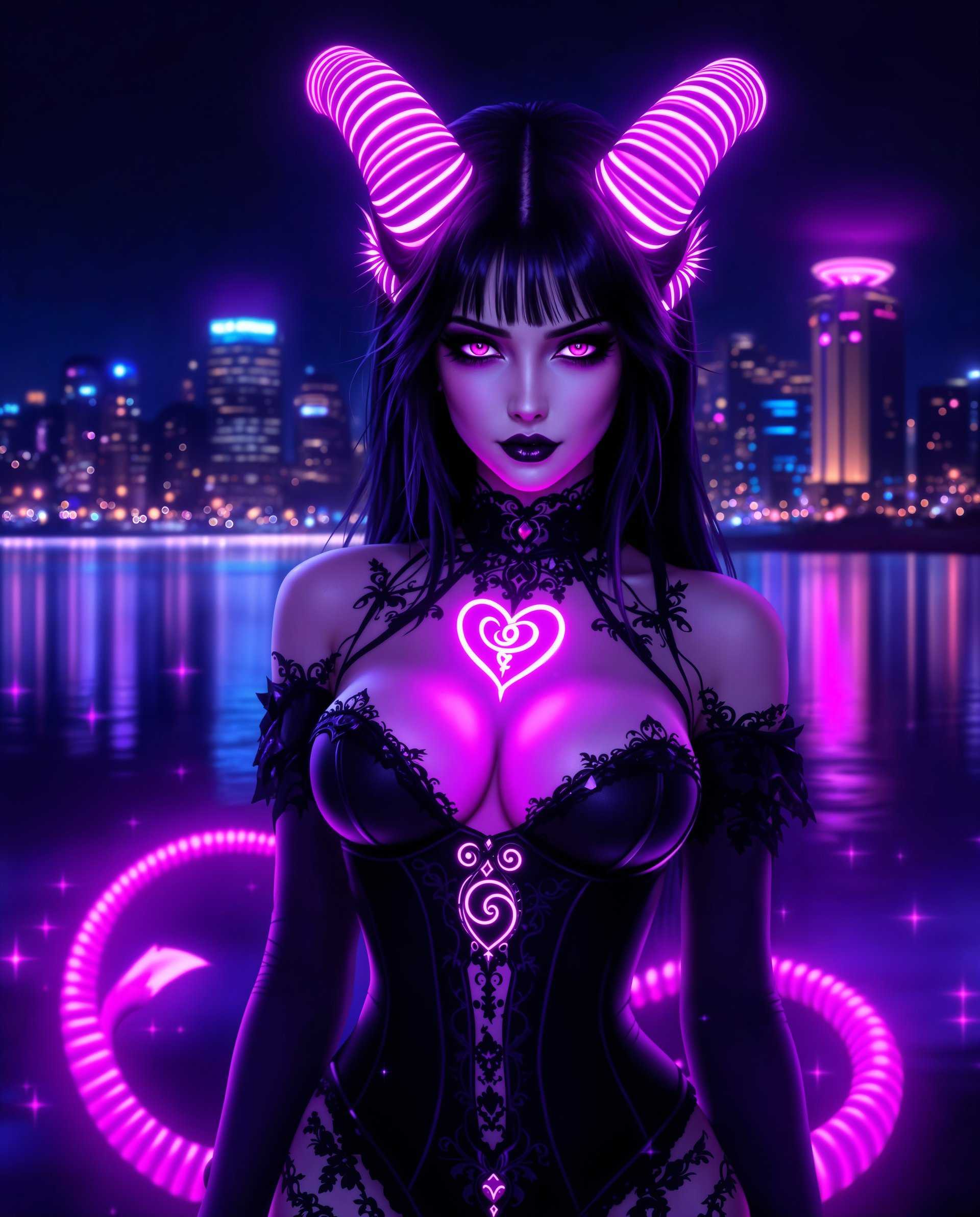 masterpiece, best quality, highres, sharp image, more detail <lora:more_details:0.5> <lora:SDXLrender_v2.0:1>, masterpiece, best quality, highres, sharp image, more detail, This is a realistic photo (photograph) of a female real person digital artwork that features a character with a gothic and fantasy aesthetic. The character is a female with dark hair and horns that have a gradient of pink to purple hues, giving them a neonlike appearance. Her eyes are a deep shade of purple, and she has a smoky eye makeup effect that matches her hair and horns.She is wearing a black outfit with a high neckline and a corsetlike bodice that has intricate designs and patterns, suggesting a mix of gothic and fantasy elements. The outfit is detailed with lace and beadwork, and theres a prominent, glowing symbol on her chest that resembles a stylized heart with a swirl inside.The characters tail is long and pink, with a similar neon effect to her horns, and it curves around her body, ending in a pointed tip. Her skin is a pale, almost translucent white, and there are subtle highlights and shadows that give her form a threedimensional quality.The background of the image is a dark, nighttime scene with a body of water reflecting the lights of a city skyline. The water is shimmering with neon lights and sparkles, and theres a sense of depth created by the reflections and the play of light and shadow.The overall art style is highquality and detailed, with a strong emphasis on the interplay of light and color to create a dramatic and otherworldly atmosphere. The medium appears to be digital painting, given the smooth gradients and the lack of texture that might be present in traditional painting mediums.