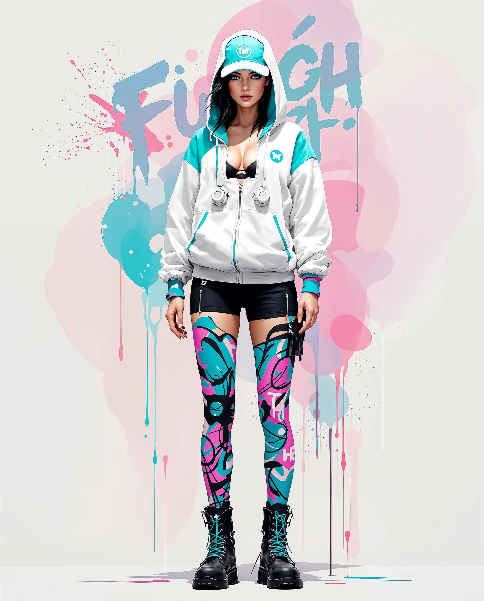 masterpiece, best quality, highres, sharp image, more detail <lora:more_details:0.5> <lora:SDXLrender_v2.0:1>, masterpiece, best quality, highres, sharp image, more detail, This image is a realistic photo (photograph) of a female real person digital illustration that showcases a character in a dynamic and modern art style. The medium appears to be a digital painting, given the smooth blending of colors and the lack of texture that might be present in traditional mediums. The character is wearing a futuristic outfit that includes a white and teal hoodie with a high collar and a matching teal cap. The hoodie has a high tech look, with what appears to be a zipper and a small, circular device on the left chest. The sleeves are rolled up to reveal a black sports bra with a white inner layer and a teal logo on the front. The character is also wearing black shorts with a teal zipper and a matching teal wristband. The most striking element of the outfit is the thigh high socks, which are adorned with a vibrant graffiti design in shades of blue, pink, and purple. The design features abstract shapes and lines that give the impression of movement and energy. The characters footwear consists of black combat boots with teal laces and soles. The boots have a rugged look with a high top design and a zipper on the side, which adds to the overall futuristic aesthetic. The background of the image is a blend of pink and white, with splatters and drips that resemble paint, giving the impression of a street or urban setting. The text in the background is stylized and appears to be in a non Latin script, adding to the cyberpunk or futuristic vibe of the artwork. Overall, the image is a blend of modern fashion, urban street culture, and futuristic technology, all presented in a visually striking and dynamic digital art style.
