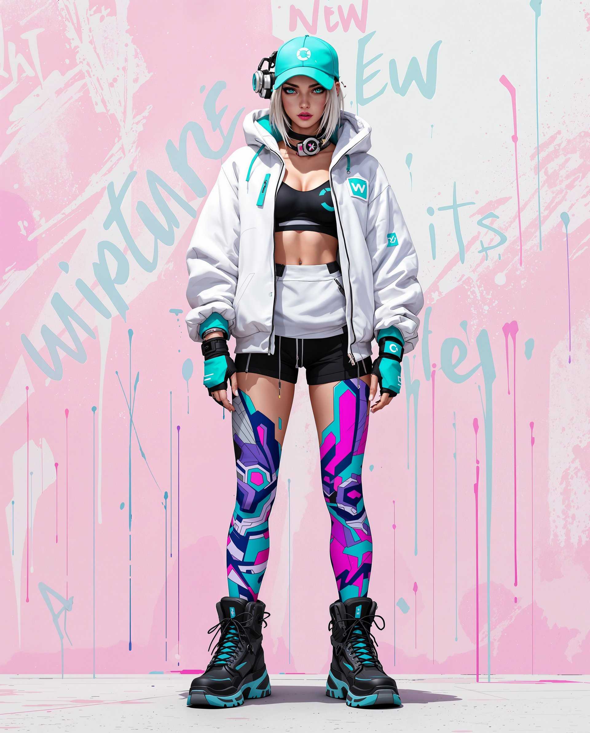 masterpiece, best quality, highres, sharp image, more detail <lora:more_details:0.5> <lora:SDXLrender_v2.0:1>, masterpiece, best quality, highres, sharp image, more detail, This image is a realistic photo (photograph) of a female real person digital illustration that showcases a character in a dynamic and modern art style. The medium appears to be a digital painting, given the smooth blending of colors and the lack of texture that might be present in traditional mediums. The character is wearing a futuristic outfit that includes a white and teal hoodie with a high collar and a matching teal cap. The hoodie has a high tech look, with what appears to be a zipper and a small, circular device on the left chest. The sleeves are rolled up to reveal a black sports bra with a white inner layer and a teal logo on the front. The character is also wearing black shorts with a teal zipper and a matching teal wristband. The most striking element of the outfit is the thigh high socks, which are adorned with a vibrant graffiti design in shades of blue, pink, and purple. The design features abstract shapes and lines that give the impression of movement and energy. The characters footwear consists of black combat boots with teal laces and soles. The boots have a rugged look with a high top design and a zipper on the side, which adds to the overall futuristic aesthetic. The background of the image is a blend of pink and white, with splatters and drips that resemble paint, giving the impression of a street or urban setting. The text in the background is stylized and appears to be in a non Latin script, adding to the cyberpunk or futuristic vibe of the artwork. Overall, the image is a blend of modern fashion, urban street culture, and futuristic technology, all presented in a visually striking and dynamic digital art style.