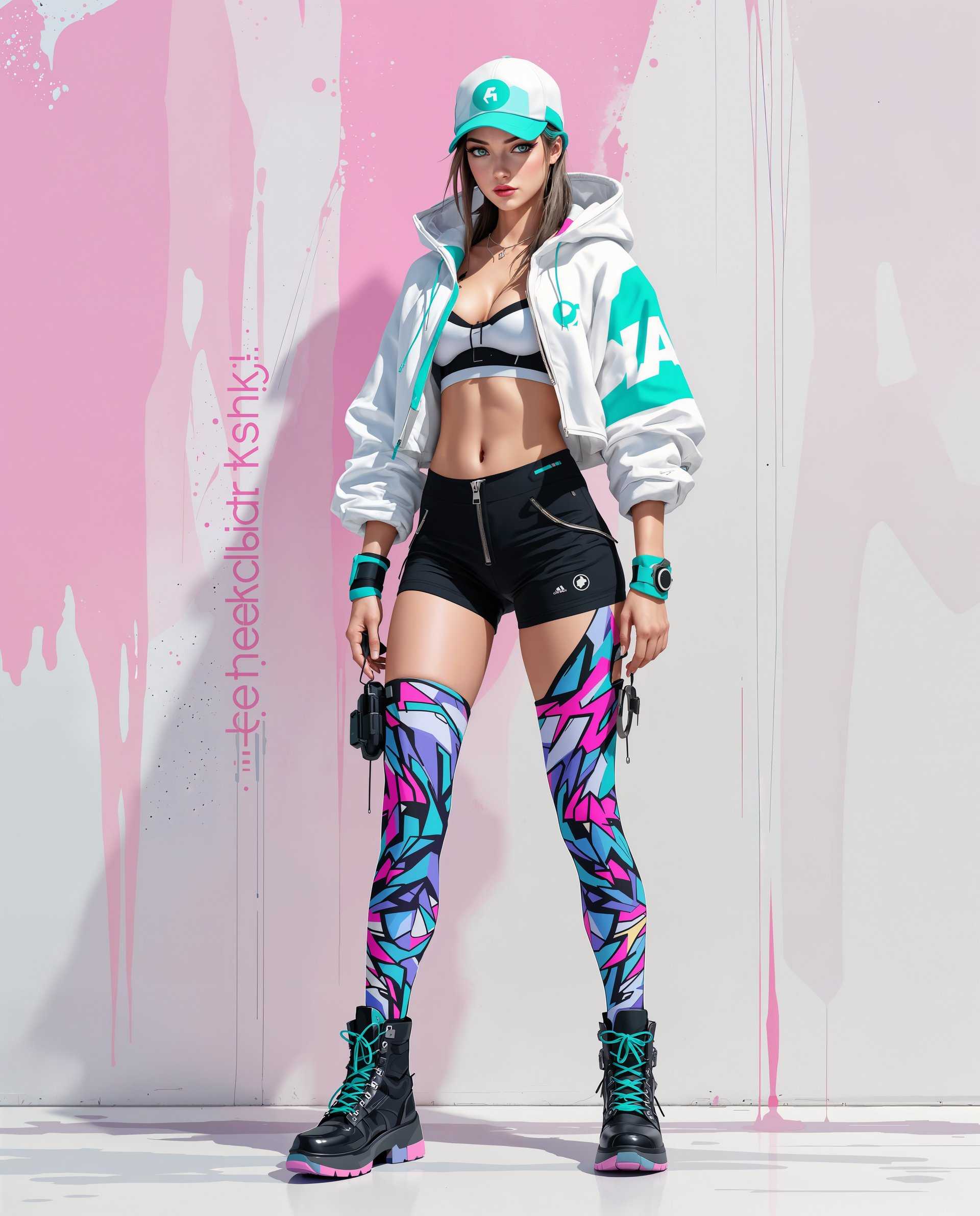 masterpiece, best quality, highres, sharp image, more detail <lora:more_details:0.5> <lora:SDXLrender_v2.0:1>, masterpiece, best quality, highres, sharp image, more detail, This image is a realistic photo (photograph) of a female real person digital illustration that showcases a character in a dynamic and realistic art style. The medium appears to be a digital painting, given the smooth blending of colors and the lack of texture that might be present in traditional mediums. The character is wearing a futuristic outfit that includes a white and teal hoodie with a high collar and a matching teal cap. The hoodie has a high tech look, with what appears to be a zipper and a small, circular device on the left chest. The sleeves are rolled up to reveal a black sports bra with a white inner layer and a teal logo on the front. The character is also wearing black shorts with a teal zipper and a matching teal wristband. The most striking element of the outfit is the thigh high socks, which are adorned with a vibrant graffiti design in shades of blue, pink, and purple. The design features abstract shapes and lines that give the impression of movement and energy. The characters footwear consists of black combat boots with teal laces and soles. The boots have a rugged look with a high top design and a zipper on the side, which adds to the overall futuristic aesthetic. The background of the image is a blend of pink and white, with splatters and drips that resemble paint, giving the impression of a street or urban setting. The text in the background is stylized and appears to be in a non Latin script, adding to the cyberpunk or futuristic vibe of the artwork. Overall, the image is a blend of modern fashion, urban street culture, and futuristic technology, all presented in a visually striking and dynamic digital art style.