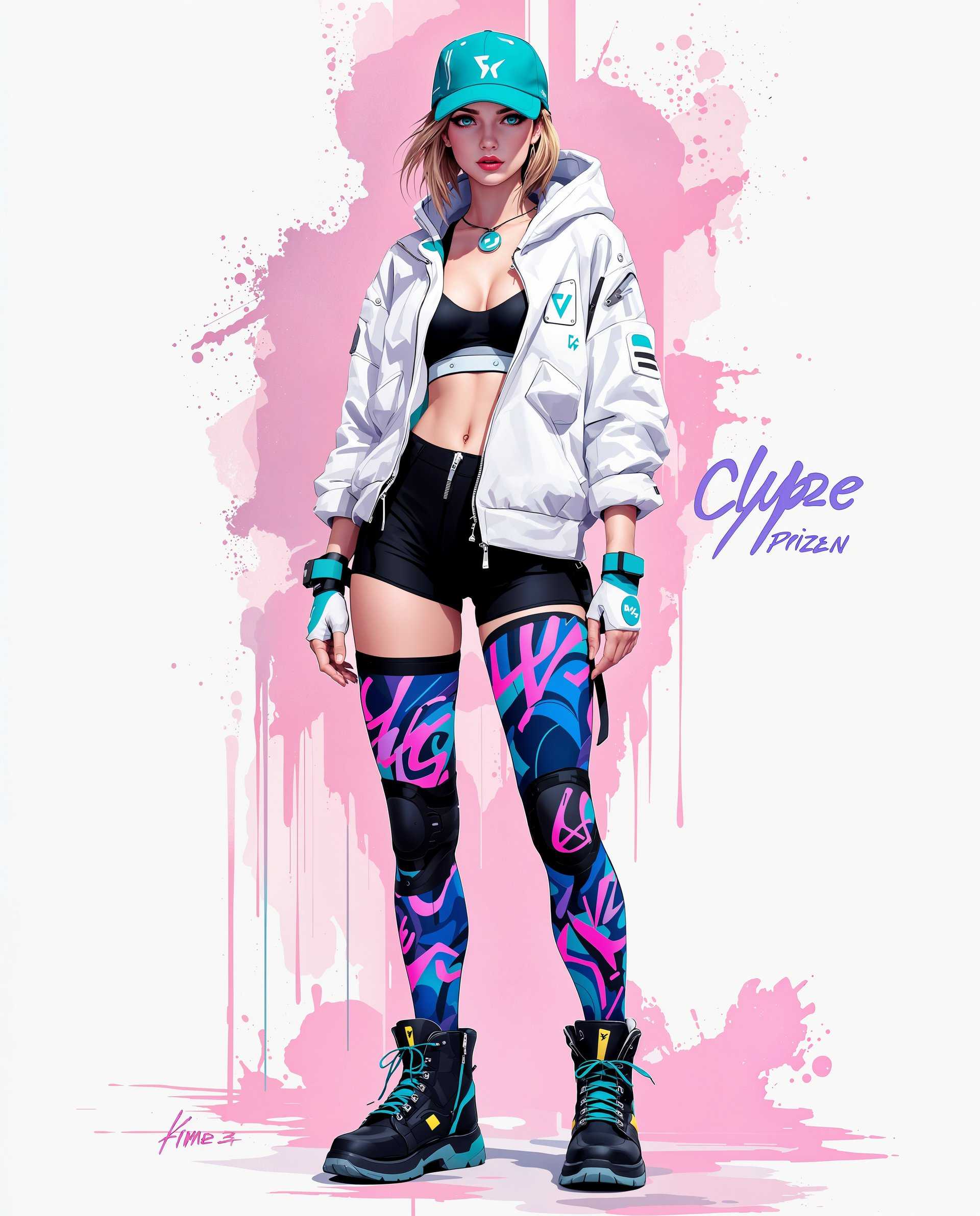 masterpiece, best quality, highres, sharp image, more detail <lora:more_details:0.5> <lora:SDXLrender_v2.0:1>, masterpiece, best quality, highres, sharp image, more detail, This image is a realistic photo (photograph) of a female real person digital illustration that showcases a character in a dynamic and realistic art style. The medium appears to be a digital painting, given the smooth blending of colors and the lack of texture that might be present in traditional mediums. The character is wearing a futuristic outfit that includes a white and teal hoodie with a high collar and a matching teal cap. The hoodie has a high tech look, with what appears to be a zipper and a small, circular device on the left chest. The sleeves are rolled up to reveal a black sports bra with a white inner layer and a teal logo on the front. The character is also wearing black shorts with a teal zipper and a matching teal wristband. The most striking element of the outfit is the thigh high socks, which are adorned with a vibrant graffiti design in shades of blue, pink, and purple. The design features abstract shapes and lines that give the impression of movement and energy. The characters footwear consists of black combat boots with teal laces and soles. The boots have a rugged look with a high top design and a zipper on the side, which adds to the overall futuristic aesthetic. The background of the image is a blend of pink and white, with splatters and drips that resemble paint, giving the impression of a street or urban setting. The text in the background is stylized and appears to be in a non Latin script, adding to the cyberpunk or futuristic vibe of the artwork. Overall, the image is a blend of modern fashion, urban street culture, and futuristic technology, all presented in a visually striking and dynamic digital art style.