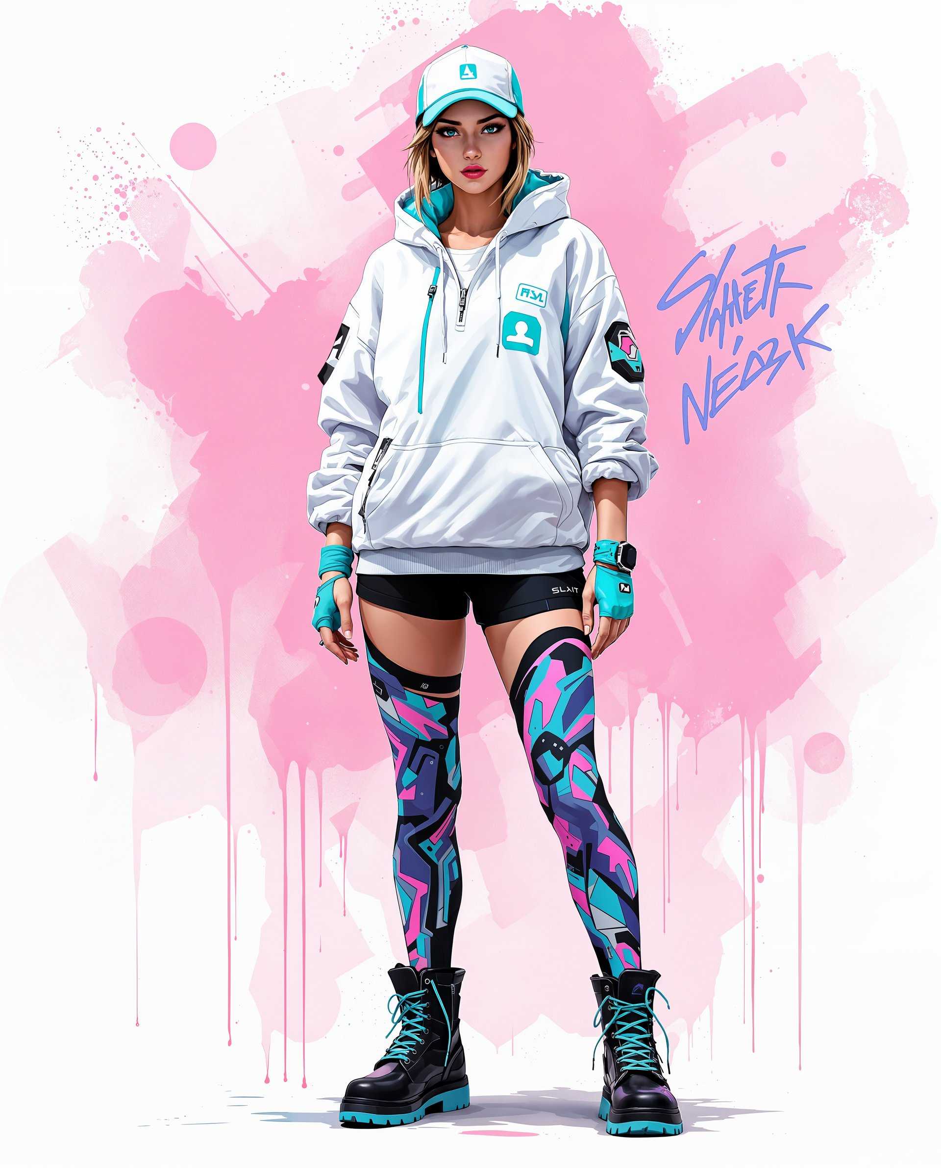 masterpiece, best quality, highres, sharp image, more detail <lora:more_details:0.5> <lora:SDXLrender_v2.0:1>, masterpiece, best quality, highres, sharp image, more detail, This image is a realistic photo (photograph) of a female real person digital illustration that showcases a character in a dynamic and realistic art style. The medium appears to be a digital painting, given the smooth blending of colors and the lack of texture that might be present in traditional mediums. The character is wearing a futuristic outfit that includes a white and teal hoodie with a high collar and a matching teal cap. The hoodie has a high tech look, with what appears to be a zipper and a small, circular device on the left chest. The sleeves are rolled up to reveal a black sports bra with a white inner layer and a teal logo on the front. The character is also wearing black shorts with a teal zipper and a matching teal wristband. The most striking element of the outfit is the thigh high socks, which are adorned with a vibrant graffiti design in shades of blue, pink, and purple. The design features abstract shapes and lines that give the impression of movement and energy. The characters footwear consists of black combat boots with teal laces and soles. The boots have a rugged look with a high top design and a zipper on the side, which adds to the overall futuristic aesthetic. The background of the image is a blend of pink and white, with splatters and drips that resemble paint, giving the impression of a street or urban setting. The text in the background is stylized and appears to be in a non Latin script, adding to the cyberpunk or futuristic vibe of the artwork. Overall, the image is a blend of modern fashion, urban street culture, and futuristic technology, all presented in a visually striking and dynamic digital art style.