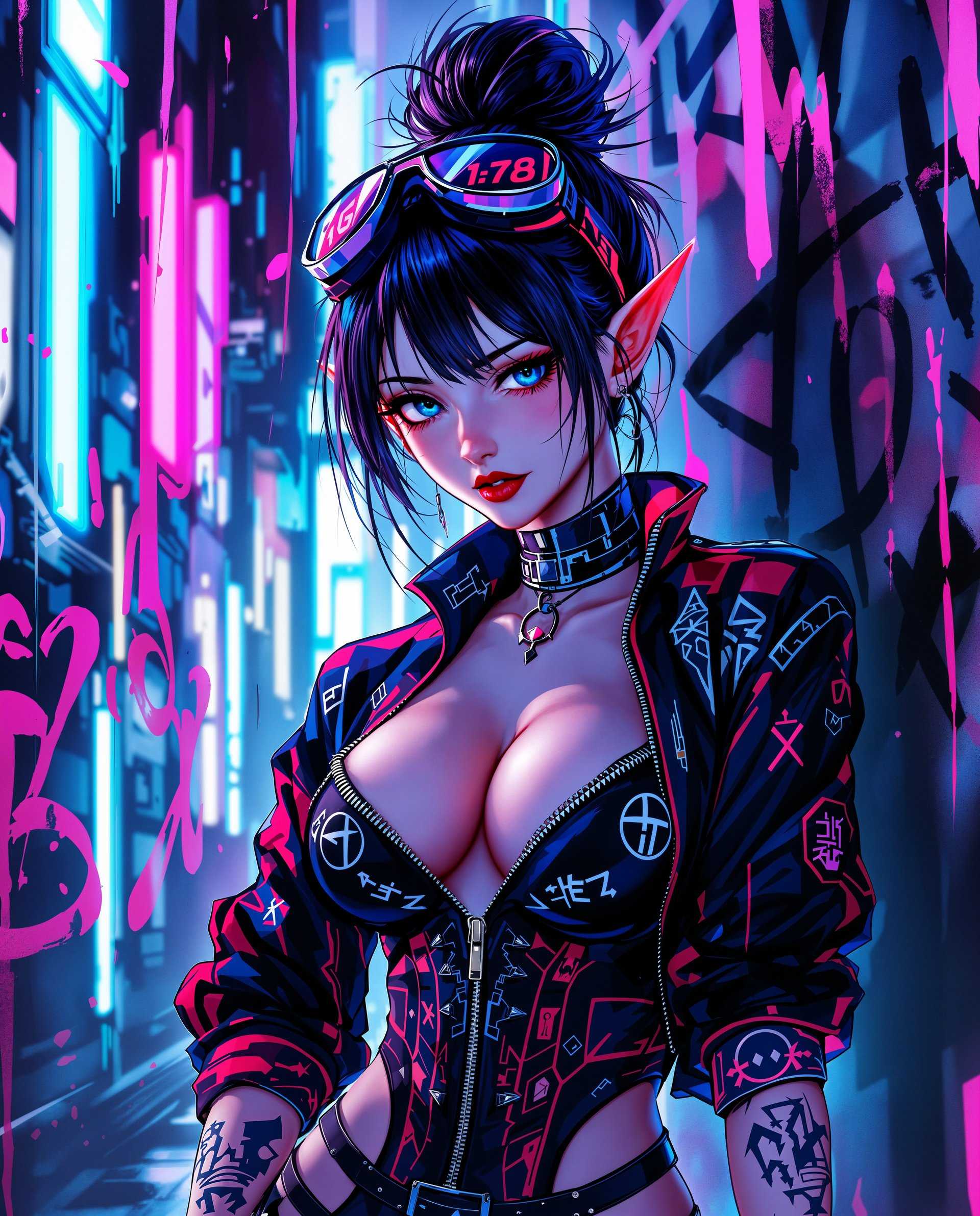 masterpiece, best quality, highres, sharp image, more detail <lora:more_details:0.5> <lora:SDXLrender_v2.0:1>, masterpiece, best quality, highres, sharp image, more detail, This is a realistic photo (photograph) of a female real person digital artwork that features a stylized female figure. The art style is reminiscent of anime with a cyberpunk influence, characterized by its vibrant colors, detailed costumes, and futuristic elements. The medium appears to be a high resolution digital painting, utilizing advanced shading and lighting techniques to create a three dimensional effect on the two dimensional canvas. The textures are smooth with a slight sheen, suggesting a glossy finish on the clothing and accessories. The colors are bold and dynamic, with a predominance of red, blue, and black. These colors are complemented by splashes of pink, white, and hints of purple, creating a visually striking contrast. The use of color gradients and highlights adds depth and dimension to the figures attire and the surrounding environment. The figure is wearing a futuristic outfit that includes a black and red jacket with intricate patterns and symbols, suggesting a blend of high tech and traditional elements. The jacket is adorned with patches and zippers, and the sleeves are rolled up to reveal a detailed, high collared top with a similar color scheme and design. The top has a plunging neckline and is fitted, accentuating the figures curves. The figures attire is accessorized with a pair of goggles resting on her head, and she has a pair of pointed ears, giving her an elflike appearance. Her hair is styled in a messy bun with strands sticking out, colored in shades of black and pink. There are also visible tattoos on her arms, adding to the edgy, rebellious vibe of her character. The background of the image is a chaotic blend of neon lights and graffiti, with streaks of blue, pink, and purple, creating a sense of urban decay and energy. This setting complements the figures outfit and reinforces the cyberpunk theme of the artwork. Overall, the image exudes a sense of boldness, creativity, and a touch of the fantastical, blending elements of anime, cyberpunk, and futuristic fashion in a visually compelling and thought provoking way.