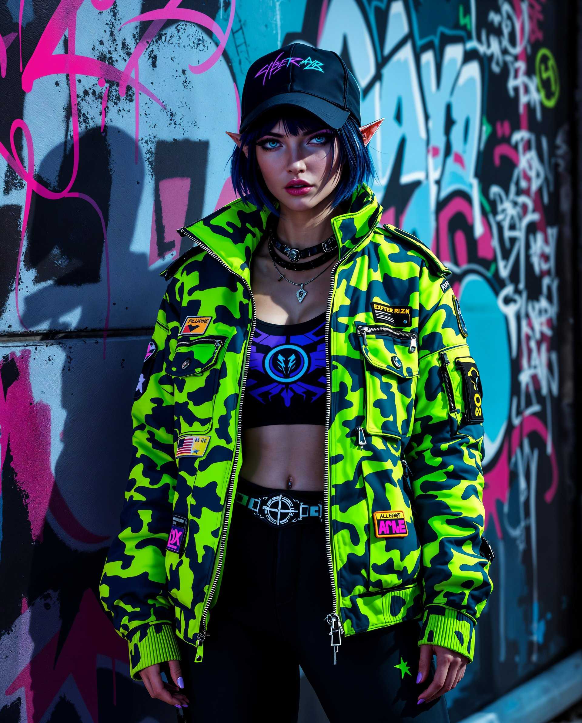 masterpiece, best quality, highres, sharp image, more detail <lora:more_details:0.5> <lora:SDXLrender_v2.0:1>, masterpiece, best quality, highres, sharp image, more detail, This is a realistic photo (photograph) of a female real person image that features a character with a cyberpunk aesthetic, which is a genre that blends futuristic technology with urban decay. The character is wearing a jacket with a neon green and blue camouflage pattern, which gives off a sense of advanced technology and urban rebellion. The jacket has a high collar and is adorned with various patches and zippers, which add to the edgy, futuristic look.The character is also wearing a black sports bra with a circular emblem on the front, which could be a symbol of a particular group or faction. The bra is under a black tank top with a similar camouflage pattern as the jacket, and underneath that is a white undershirt. The characters attire is completed with black pants that match the jacket.The character has short, dark hair with hints of blue, and they have pointed ears, which are often a characteristic of fantasy or science fiction creatures. They are also wearing a black baseball cap with a purple and blue design on the front, which complements the overall color scheme of the outfit.The background of the image is a graffiti wall with a variety of tags and murals in different colors, including pink, blue, white, and black. The graffiti adds to the urban, rebellious atmosphere of the scene.The art style of the image is digital, with a high level of detail and realism. The colors are vibrant and saturated, with a lot of contrast between the bright neon colors of the clothing and the darker tones of the graffiti wall. The lighting in the image is dramatic, with shadows that give depth to the scene.Overall, the image is a striking representation of cyberpunk aesthetics, with a focus on futuristic technology, urban rebellion, and a blend of fantasy and science fiction elements.