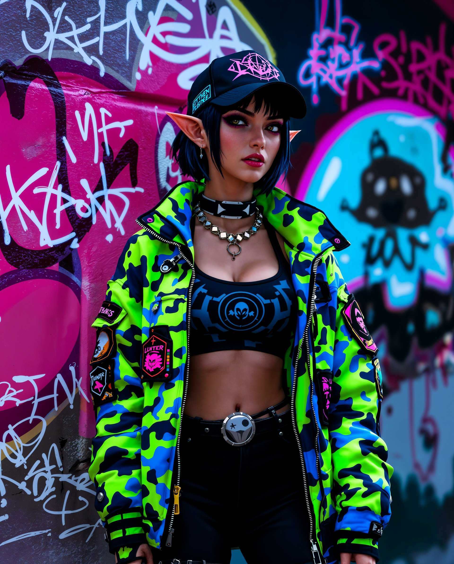 masterpiece, best quality, highres, sharp image, more detail <lora:more_details:0.5> <lora:SDXLrender_v2.0:1>, masterpiece, best quality, highres, sharp image, more detail, This is a realistic photo (photograph) of a female real person image that features a character with a cyberpunk aesthetic, which is a genre that blends futuristic technology with urban decay. The character is wearing a jacket with a neon green and blue camouflage pattern, which gives off a sense of advanced technology and urban rebellion. The jacket has a high collar and is adorned with various patches and zippers, which add to the edgy, futuristic look.The character is also wearing a black sports bra with a circular emblem on the front, which could be a symbol of a particular group or faction. The bra is under a black tank top with a similar camouflage pattern as the jacket, and underneath that is a white undershirt. The characters attire is completed with black pants that match the jacket.The character has short, dark hair with hints of blue, and they have pointed ears, which are often a characteristic of fantasy or science fiction creatures. They are also wearing a black baseball cap with a purple and blue design on the front, which complements the overall color scheme of the outfit.The background of the image is a graffiti wall with a variety of tags and murals in different colors, including pink, blue, white, and black. The graffiti adds to the urban, rebellious atmosphere of the scene.The art style of the image is digital, with a high level of detail and realism. The colors are vibrant and saturated, with a lot of contrast between the bright neon colors of the clothing and the darker tones of the graffiti wall. The lighting in the image is dramatic, with shadows that give depth to the scene.Overall, the image is a striking representation of cyberpunk aesthetics, with a focus on futuristic technology, urban rebellion, and a blend of fantasy and science fiction elements.