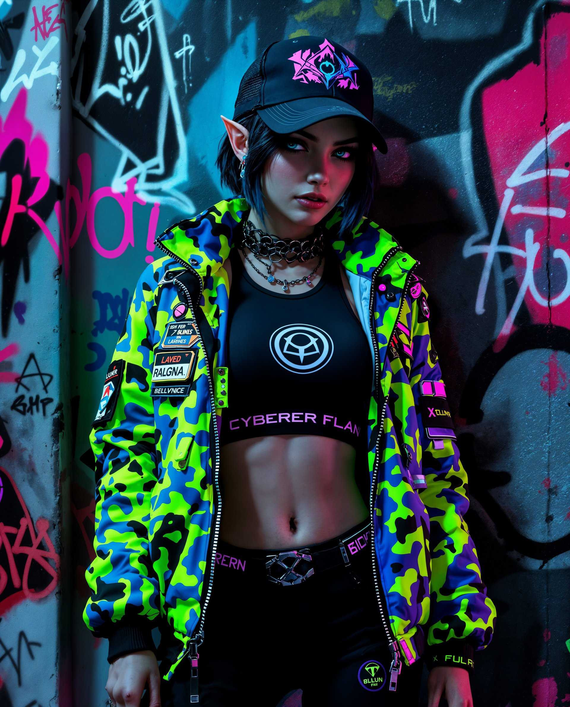 masterpiece, best quality, highres, sharp image, more detail <lora:more_details:0.5> <lora:SDXLrender_v2.0:1>, masterpiece, best quality, highres, sharp image, more detail, This is a realistic photo (photograph) of a female real person image that features a character with a cyberpunk aesthetic, which is a genre that blends futuristic technology with urban decay. The character is wearing a jacket with a neon green and blue camouflage pattern, which gives off a sense of advanced technology and urban rebellion. The jacket has a high collar and is adorned with various patches and zippers, which add to the edgy, futuristic look.The character is also wearing a black sports bra with a circular emblem on the front, which could be a symbol of a particular group or faction. The bra is under a black tank top with a similar camouflage pattern as the jacket, and underneath that is a white undershirt. The characters attire is completed with black pants that match the jacket.The character has short, dark hair with hints of blue, and they have pointed ears, which are often a characteristic of fantasy or science fiction creatures. They are also wearing a black baseball cap with a purple and blue design on the front, which complements the overall color scheme of the outfit.The background of the image is a graffiti wall with a variety of tags and murals in different colors, including pink, blue, white, and black. The graffiti adds to the urban, rebellious atmosphere of the scene.The art style of the image is digital, with a high level of detail and realism. The colors are vibrant and saturated, with a lot of contrast between the bright neon colors of the clothing and the darker tones of the graffiti wall. The lighting in the image is dramatic, with shadows that give depth to the scene.Overall, the image is a striking representation of cyberpunk aesthetics, with a focus on futuristic technology, urban rebellion, and a blend of fantasy and science fiction elements.