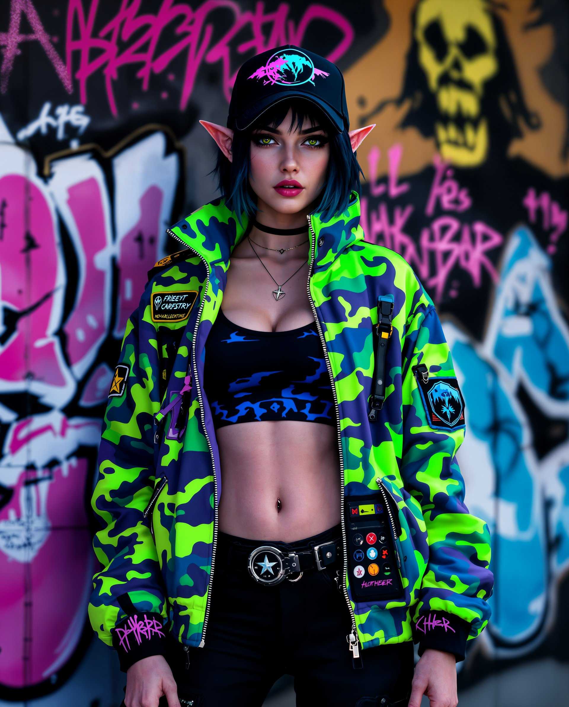 masterpiece, best quality, highres, sharp image, more detail <lora:more_details:0.5> <lora:SDXLrender_v2.0:1>, masterpiece, best quality, highres, sharp image, more detail, This is a realistic photo (photograph) of a female real person image that features a character with a cyberpunk aesthetic, which is a genre that blends futuristic technology with urban decay. The character is wearing a jacket with a neon green and blue camouflage pattern, which gives off a sense of advanced technology and urban rebellion. The jacket has a high collar and is adorned with various patches and zippers, which add to the edgy, futuristic look.The character is also wearing a black sports bra with a circular emblem on the front, which could be a symbol of a particular group or faction. The bra is under a black tank top with a similar camouflage pattern as the jacket, and underneath that is a white undershirt. The characters attire is completed with black pants that match the jacket.The character has short, dark hair with hints of blue, and they have pointed ears, which are often a characteristic of fantasy or science fiction creatures. They are also wearing a black baseball cap with a purple and blue design on the front, which complements the overall color scheme of the outfit.The background of the image is a graffiti wall with a variety of tags and murals in different colors, including pink, blue, white, and black. The graffiti adds to the urban, rebellious atmosphere of the scene.The art style of the image is digital, with a high level of detail and realism. The colors are vibrant and saturated, with a lot of contrast between the bright neon colors of the clothing and the darker tones of the graffiti wall. The lighting in the image is dramatic, with shadows that give depth to the scene.Overall, the image is a striking representation of cyberpunk aesthetics, with a focus on futuristic technology, urban rebellion, and a blend of fantasy and science fiction elements.