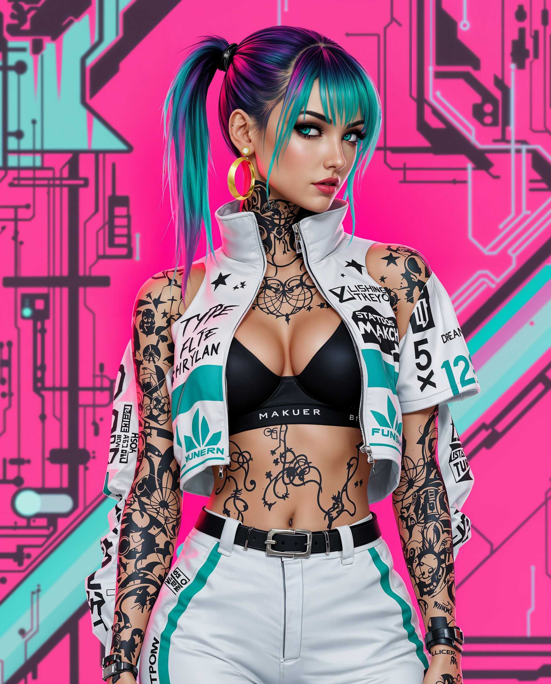 masterpiece, best quality, highres, sharp image, more detail <lora:more_details:0.5> <lora:SDXLrender_v2.0:1>, masterpiece, best quality, highres, sharp image, more detail, This image is a realistic photo (photograph) of a female real person digital artwork that showcases a figure with a striking cyberpunk aesthetic. The art style is highly detailed and realistic, with a focus on textures and lighting that give the image a threedimensional quality.The figure is wearing a futuristic sports jacket with a white and teal color scheme, featuring black and white graphics and text that give it a hightech, urban feel. The jacket has a high collar and is zipped up to the neck, revealing a black sports bra underneath. The figures left ear is adorned with a small, circular earring.The figures hair is a vibrant, gradient of teal and purple, with a few strands of hair falling over the left shoulder. The hair has a glossy finish, and the highlights and shadows are carefully rendered to give it volume and dimension.The figures tattoos are intricate and cover most of the visible skin. They are a mix of black and gray, with some areas of color, and feature a variety of designs, including geometric shapes, floral motifs, and script. The tattoos are welldefined and have a realistic texture, with shading that adds depth.The figure is wearing a pair of white pants with a teal stripe down the leg, and a black belt with a metallic buckle cinches the waist. The pants have a highwaisted design and feature a zipper fly.The background is a bold, neon pink with a black and white pattern that resembles a stylized cityscape or a futuristic subway map. The colors are bright and saturated, with a high contrast that draws the eye to the figure.Overall, the image is a blend of futuristic fashion, cyberpunk aesthetics, and detailed digital artistry, creating a visually striking and immersive piece.