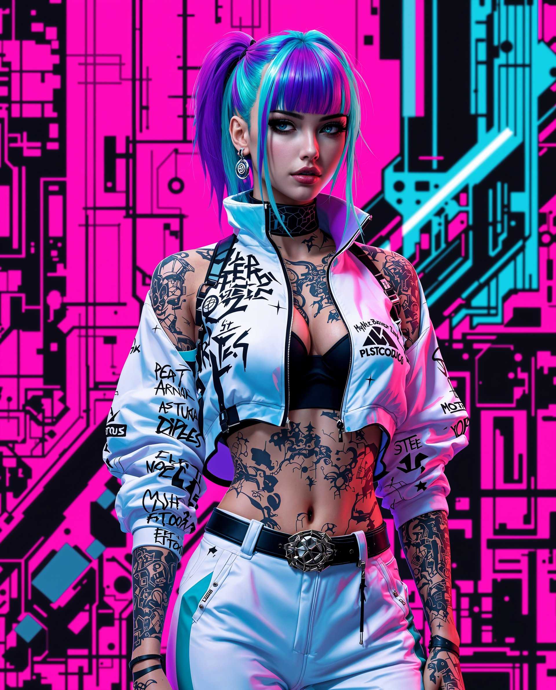 masterpiece, best quality, highres, sharp image, more detail <lora:more_details:0.5> <lora:SDXLrender_v2.0:1>, masterpiece, best quality, highres, sharp image, more detail, This image is a realistic photo (photograph) of a female real person digital artwork that showcases a figure with a striking cyberpunk aesthetic. The art style is highly detailed and realistic, with a focus on textures and lighting that give the image a threedimensional quality.The figure is wearing a futuristic sports jacket with a white and teal color scheme, featuring black and white graphics and text that give it a hightech, urban feel. The jacket has a high collar and is zipped up to the neck, revealing a black sports bra underneath. The figures left ear is adorned with a small, circular earring.The figures hair is a vibrant, gradient of teal and purple, with a few strands of hair falling over the left shoulder. The hair has a glossy finish, and the highlights and shadows are carefully rendered to give it volume and dimension.The figures tattoos are intricate and cover most of the visible skin. They are a mix of black and gray, with some areas of color, and feature a variety of designs, including geometric shapes, floral motifs, and script. The tattoos are welldefined and have a realistic texture, with shading that adds depth.The figure is wearing a pair of white pants with a teal stripe down the leg, and a black belt with a metallic buckle cinches the waist. The pants have a highwaisted design and feature a zipper fly.The background is a bold, neon pink with a black and white pattern that resembles a stylized cityscape or a futuristic subway map. The colors are bright and saturated, with a high contrast that draws the eye to the figure.Overall, the image is a blend of futuristic fashion, cyberpunk aesthetics, and detailed digital artistry, creating a visually striking and immersive piece.