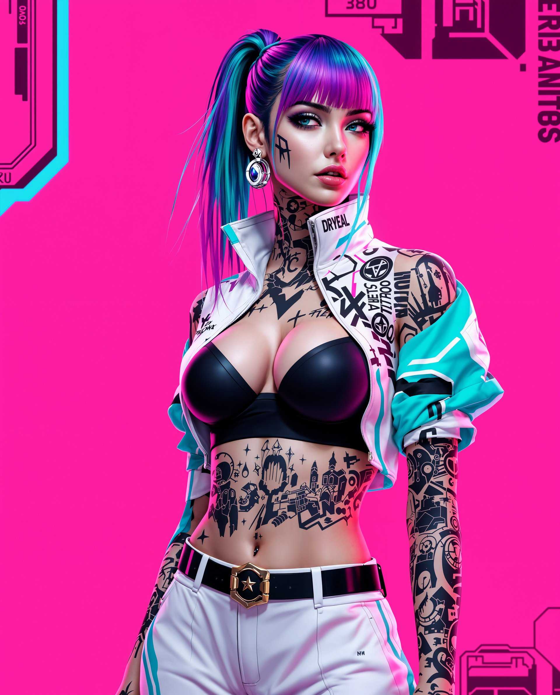 masterpiece, best quality, highres, sharp image, more detail <lora:more_details:0.5> <lora:SDXLrender_v2.0:1>, masterpiece, best quality, highres, sharp image, more detail, This image is a realistic photo (photograph) of a female real person digital artwork that showcases a figure with a striking cyberpunk aesthetic. The art style is highly detailed and realistic, with a focus on textures and lighting that give the image a threedimensional quality.The figure is wearing a futuristic sports jacket with a white and teal color scheme, featuring black and white graphics and text that give it a hightech, urban feel. The jacket has a high collar and is zipped up to the neck, revealing a black sports bra underneath. The figures left ear is adorned with a small, circular earring.The figures hair is a vibrant, gradient of teal and purple, with a few strands of hair falling over the left shoulder. The hair has a glossy finish, and the highlights and shadows are carefully rendered to give it volume and dimension.The figures tattoos are intricate and cover most of the visible skin. They are a mix of black and gray, with some areas of color, and feature a variety of designs, including geometric shapes, floral motifs, and script. The tattoos are welldefined and have a realistic texture, with shading that adds depth.The figure is wearing a pair of white pants with a teal stripe down the leg, and a black belt with a metallic buckle cinches the waist. The pants have a highwaisted design and feature a zipper fly.The background is a bold, neon pink with a black and white pattern that resembles a stylized cityscape or a futuristic subway map. The colors are bright and saturated, with a high contrast that draws the eye to the figure.Overall, the image is a blend of futuristic fashion, cyberpunk aesthetics, and detailed digital artistry, creating a visually striking and immersive piece.