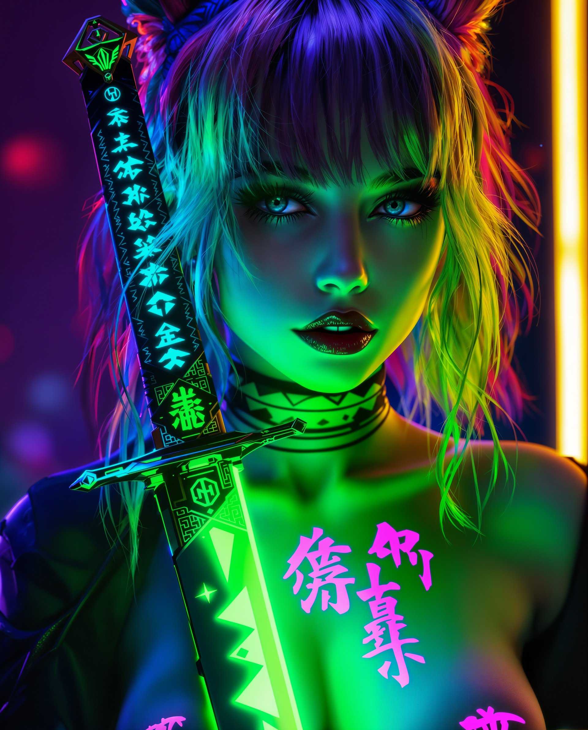 masterpiece, best quality, highres, sharp image, more detail <lora:more_details:0.5> <lora:SDXLrender_v2.0:1>, masterpiece, best quality, highres, sharp image, more detail, This image is a realistic photo (photograph) of a female real person digital artwork that exudes a cyberpunk vibe, characterized by its neonlit colors, futuristic elements, and a blend of organic and mechanical aesthetics. The art style is highly stylized with a focus on bold outlines and a three dimensional effect achieved through shading and highlights. The medium appears to be digital painting, as evidenced by the smooth gradients, seamless blending of colors, and the absence of brush strokes or texture that might suggest traditional painting techniques. The colors are vivid and saturated, with a predominance of purples, blues, and pinks, punctuated by bright neon greens and yellows. These colors create a sense of depth and dimension, and they are used to highlight the subject and give the image a dynamic, almost pulsating quality. The objects in the image include a katana like sword with a glowing green blade and a black handle adorned with symbols and patterns. The sword is the central focus of the image, and it is held by a figure that is not fully visible. The swords design is intricate, with a mix of organic and mechanical shapes that suggest a hightech origin. The figures hair is a gradient of purples and blues, with neon green highlights that match the swords blade. The hair is styled in a way that frames the face and adds to the cyberpunk aesthetic. On the figures chest, there is a tattoo or body art that features stylized, glowing pink and blue characters that resemble Chinese or Japanese Kanji. This adds to the cyberpunk theme, suggesting a fusion of technology and ancient cultures. The overall effect of the image is one of futuristic elegance and intensity, with a strong emphasis on the interplay of light and shadow to create a sense of drama and depth.