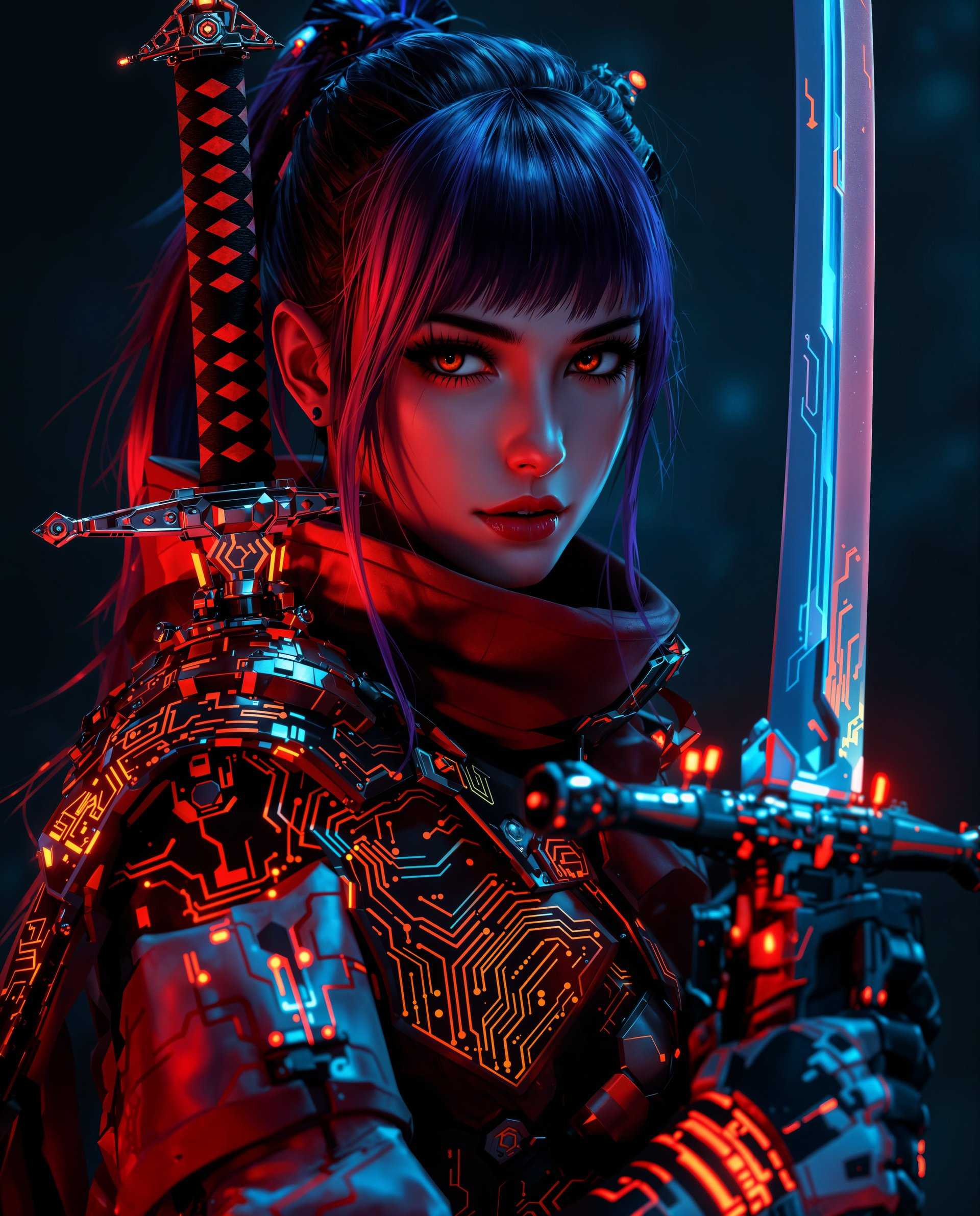 masterpiece, best quality, highres, sharp image, more detail <lora:more_details:0.5> <lora:SDXLrender_v2.0:1>, masterpiece, best quality, highres, sharp image, more detail, This image is a realistic photo (photograph) of a female real person digital artwork that presents a closeup view of a character with a cyberpunk aesthetic. The character is wearing a detailed outfit with a mix of traditional and futuristic elements, suggesting a blend of cultures or a setting where history and technology coexist.The art style is highly stylized with a focus on sharp contrasts and a dramatic interplay of light and shadow. The use of vibrant colors, especially reds and purples, gives the image a dynamic and intense feel. The medium appears to be digital painting, given the smooth gradients and the absence of brush strokes.The colors in the image are rich and varied, with deep blues and blacks creating a moody and atmospheric backdrop. The reds and purples on the characters clothing and hair stand out against the cooler tones, drawing the viewers attention and adding to the overall sense of drama. The metallic sheen on the armor and weapons gives the image a hightech feel.Objects in the image include a katanalike sword with a red and black hilt, which is a prominent feature and suggests a warrior or samurailike persona. The sword is detailed with a pattern that matches the characters clothing, indicating a cohesive design theme. There are also glimpses of what seems to be a futuristic firearm, adding to the cyberpunk vibe.The characters outfit is a mix of traditional and modern elements. The armor has a samurai influence with its armor plates and the use of red and white, which are colors often associated with samurai in Japanese culture. However, the armor also has a hightech look with circuitlike patterns and glowing accents, suggesting a fusion of ancient warrior traditions with advanced technology.The overall impression is one of a character who is both powerful and enigmatic, set against a backdrop that suggests a world where the boundaries between past and future, tradition and technology, are blurred. The image evokes a sense of mystery and anticipation, inviting the viewer to imagine the story behind this intriguing figure.