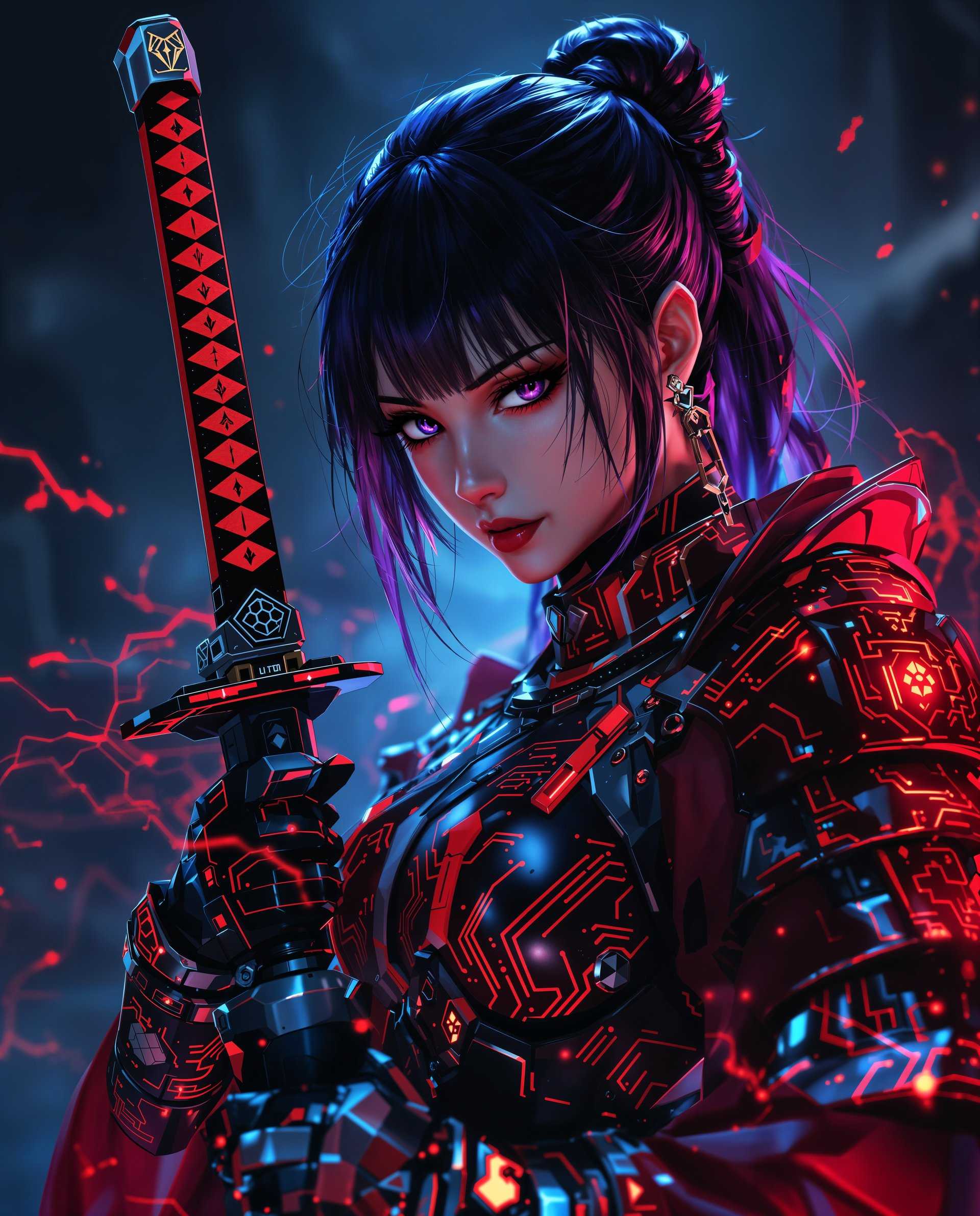 masterpiece, best quality, highres, sharp image, more detail <lora:more_details:0.5> <lora:SDXLrender_v2.0:1>, masterpiece, best quality, highres, sharp image, more detail, This image is a realistic photo (photograph) of a female real person digital artwork that presents a closeup view of a character with a cyberpunk aesthetic. The character is wearing a detailed outfit with a mix of traditional and futuristic elements, suggesting a blend of cultures or a setting where history and technology coexist.The art style is highly stylized with a focus on sharp contrasts and a dramatic interplay of light and shadow. The use of vibrant colors, especially reds and purples, gives the image a dynamic and intense feel. The medium appears to be digital painting, given the smooth gradients and the absence of brush strokes.The colors in the image are rich and varied, with deep blues and blacks creating a moody and atmospheric backdrop. The reds and purples on the characters clothing and hair stand out against the cooler tones, drawing the viewers attention and adding to the overall sense of drama. The metallic sheen on the armor and weapons gives the image a hightech feel.Objects in the image include a katanalike sword with a red and black hilt, which is a prominent feature and suggests a warrior or samurailike persona. The sword is detailed with a pattern that matches the characters clothing, indicating a cohesive design theme. There are also glimpses of what seems to be a futuristic firearm, adding to the cyberpunk vibe.The characters outfit is a mix of traditional and modern elements. The armor has a samurai influence with its armor plates and the use of red and white, which are colors often associated with samurai in Japanese culture. However, the armor also has a hightech look with circuitlike patterns and glowing accents, suggesting a fusion of ancient warrior traditions with advanced technology.The overall impression is one of a character who is both powerful and enigmatic, set against a backdrop that suggests a world where the boundaries between past and future, tradition and technology, are blurred. The image evokes a sense of mystery and anticipation, inviting the viewer to imagine the story behind this intriguing figure.