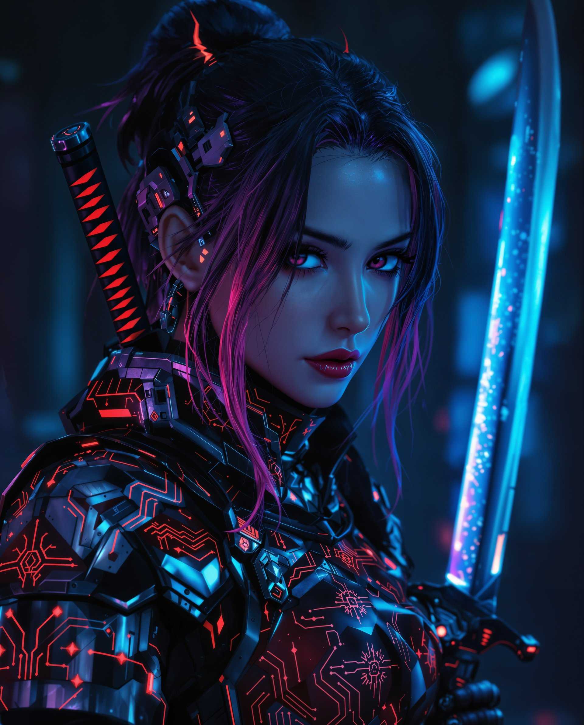 masterpiece, best quality, highres, sharp image, more detail <lora:more_details:0.5> <lora:SDXLrender_v2.0:1>, masterpiece, best quality, highres, sharp image, more detail, This image is a realistic photo (photograph) of a female real person digital artwork that presents a closeup view of a character with a cyberpunk aesthetic. The character is wearing a detailed outfit with a mix of traditional and futuristic elements, suggesting a blend of cultures or a setting where history and technology coexist.The art style is highly stylized with a focus on sharp contrasts and a dramatic interplay of light and shadow. The use of vibrant colors, especially reds and purples, gives the image a dynamic and intense feel. The medium appears to be digital painting, given the smooth gradients and the absence of brush strokes.The colors in the image are rich and varied, with deep blues and blacks creating a moody and atmospheric backdrop. The reds and purples on the characters clothing and hair stand out against the cooler tones, drawing the viewers attention and adding to the overall sense of drama. The metallic sheen on the armor and weapons gives the image a hightech feel.Objects in the image include a katanalike sword with a red and black hilt, which is a prominent feature and suggests a warrior or samurailike persona. The sword is detailed with a pattern that matches the characters clothing, indicating a cohesive design theme. There are also glimpses of what seems to be a futuristic firearm, adding to the cyberpunk vibe.The characters outfit is a mix of traditional and modern elements. The armor has a samurai influence with its armor plates and the use of red and white, which are colors often associated with samurai in Japanese culture. However, the armor also has a hightech look with circuitlike patterns and glowing accents, suggesting a fusion of ancient warrior traditions with advanced technology.The overall impression is one of a character who is both powerful and enigmatic, set against a backdrop that suggests a world where the boundaries between past and future, tradition and technology, are blurred. The image evokes a sense of mystery and anticipation, inviting the viewer to imagine the story behind this intriguing figure.