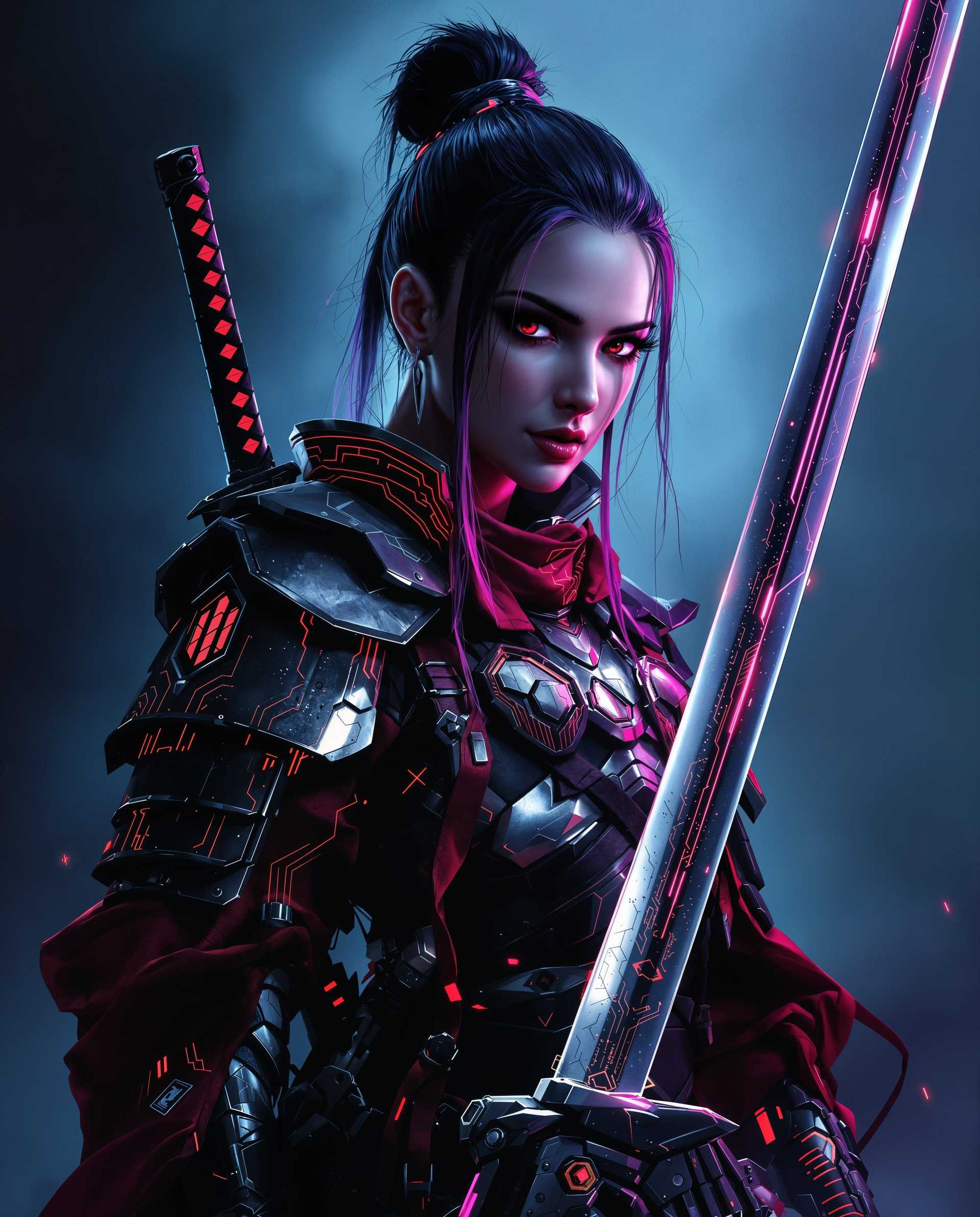 masterpiece, best quality, highres, sharp image, more detail <lora:more_details:0.5> <lora:SDXLrender_v2.0:1>, masterpiece, best quality, highres, sharp image, more detail, This image is a realistic photo (photograph) of a female real person digital artwork that presents a closeup view of a character with a cyberpunk aesthetic. The character is wearing a detailed outfit with a mix of traditional and futuristic elements, suggesting a blend of cultures or a setting where history and technology coexist.The art style is highly stylized with a focus on sharp contrasts and a dramatic interplay of light and shadow. The use of vibrant colors, especially reds and purples, gives the image a dynamic and intense feel. The medium appears to be digital painting, given the smooth gradients and the absence of brush strokes.The colors in the image are rich and varied, with deep blues and blacks creating a moody and atmospheric backdrop. The reds and purples on the characters clothing and hair stand out against the cooler tones, drawing the viewers attention and adding to the overall sense of drama. The metallic sheen on the armor and weapons gives the image a hightech feel.Objects in the image include a katanalike sword with a red and black hilt, which is a prominent feature and suggests a warrior or samurailike persona. The sword is detailed with a pattern that matches the characters clothing, indicating a cohesive design theme. There are also glimpses of what seems to be a futuristic firearm, adding to the cyberpunk vibe.The characters outfit is a mix of traditional and modern elements. The armor has a samurai influence with its armor plates and the use of red and white, which are colors often associated with samurai in Japanese culture. However, the armor also has a hightech look with circuitlike patterns and glowing accents, suggesting a fusion of ancient warrior traditions with advanced technology.The overall impression is one of a character who is both powerful and enigmatic, set against a backdrop that suggests a world where the boundaries between past and future, tradition and technology, are blurred. The image evokes a sense of mystery and anticipation, inviting the viewer to imagine the story behind this intriguing figure.