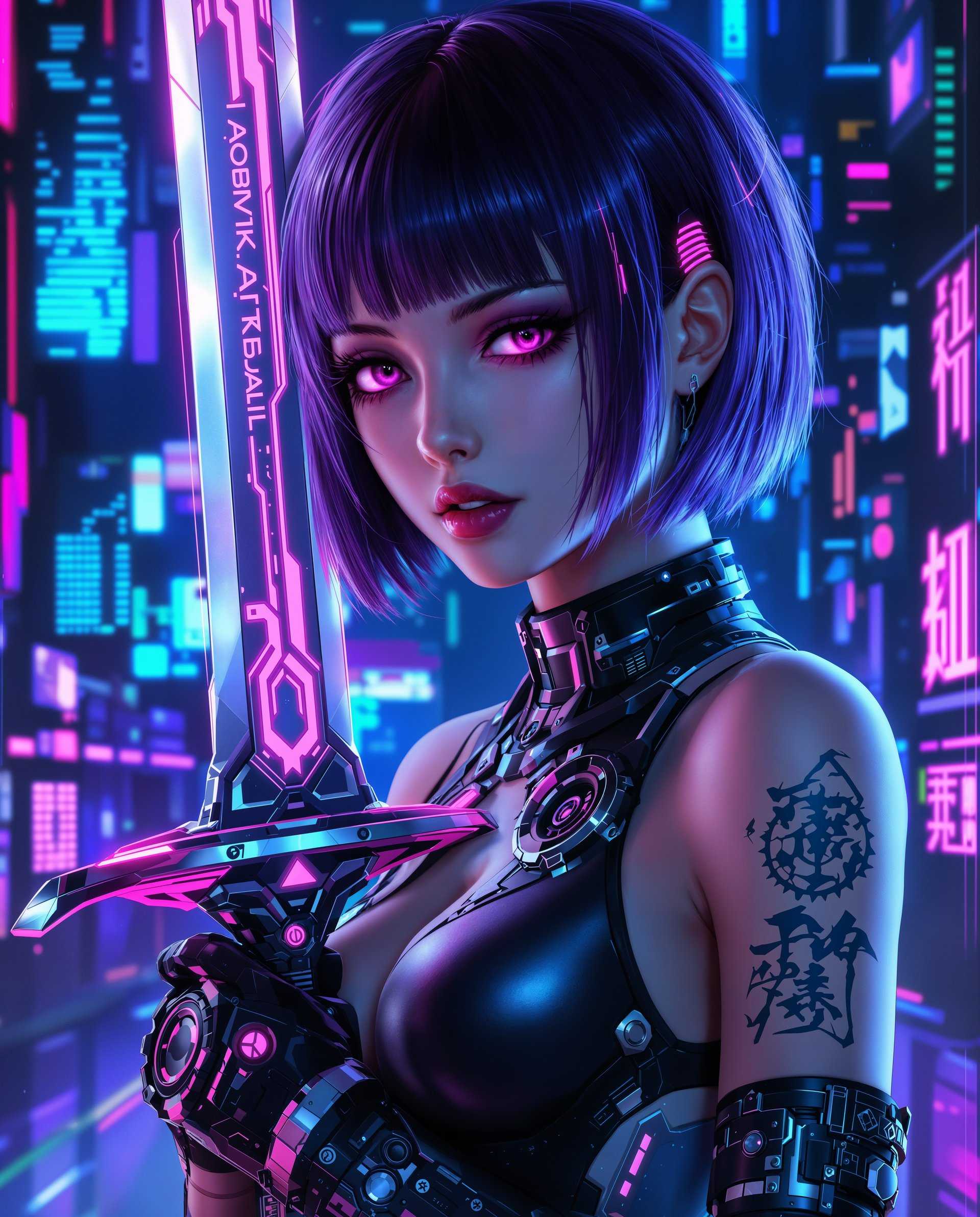 masterpiece, best quality, highres, sharp image, more detail <lora:more_details:0.5> <lora:SDXLrender_v2.0:1>, masterpiece, best quality, highres, sharp image, more detail, This image is a realistic photo (photograph) of a female real person digital artwork that features a closeup of a character with a cyberpunk aesthetic. The character has short, dark hair with hints of purple, and their eyes are a striking shade of purple as well, which gives them a somewhat mechanical or alien appearance. The hair and the eyes are highlighted with neon pink, which stands out against the dark tones of the overall image.The character is wearing a sleeveless top with a high neckline, and there are mechanical elements integrated into the design, such as gears and what appears to be circuitry patterns. The shoulder and upper arm are adorned with a tattoo that seems to be a stylized script or symbol, possibly of an East Asian origin, given the characters resemblance to Chinese or Japanese Kanji.The weapon the character is holding is a sword with a futuristic design. The blade is metallic and has a reflective surface, with neon pink accents that match the characters hair and eyes. The swords hilt is also metallic, with a circular guard that has a similar neon pink design. The swords grip is wrapped with what looks like a black and pink fabric or leather, with the pink hue again echoing the characters color scheme.The background of the image is a digital collage of neon lights and pixelated graphics, predominantly in shades of blue and purple, with some pink and white highlights. The overall effect is a blend of hightech and neonlit urban nightscapes, which is characteristic of cyberpunk themes.The art style is digital painting, with a high level of detail and attention to texture and shading. The medium appears to be a combination of digital brush strokes and possibly some layering techniques to create depth and dimensionality. The colors are vibrant and saturated, with a strong contrast between the dark tones of the character and the bright neon accents.Overall, the image exudes a sense of futuristic intensity and gritty urbanity, with a strong emphasis on technology and neon aesthetics.