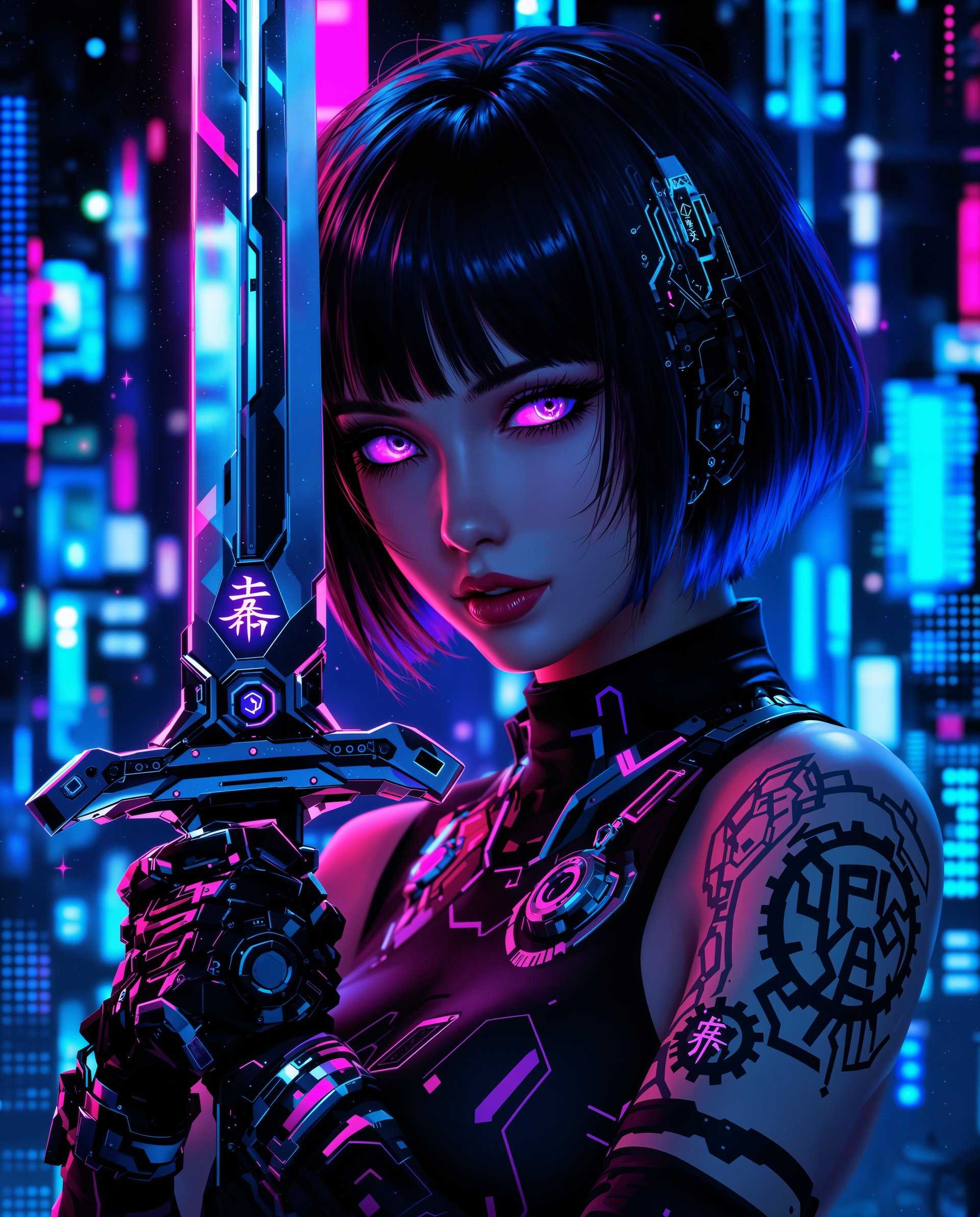 masterpiece, best quality, highres, sharp image, more detail <lora:more_details:0.5> <lora:SDXLrender_v2.0:1>, masterpiece, best quality, highres, sharp image, more detail, This image is a realistic photo (photograph) of a female real person digital artwork that features a closeup of a character with a cyberpunk aesthetic. The character has short, dark hair with hints of purple, and their eyes are a striking shade of purple as well, which gives them a somewhat mechanical or alien appearance. The hair and the eyes are highlighted with neon pink, which stands out against the dark tones of the overall image.The character is wearing a sleeveless top with a high neckline, and there are mechanical elements integrated into the design, such as gears and what appears to be circuitry patterns. The shoulder and upper arm are adorned with a tattoo that seems to be a stylized script or symbol, possibly of an East Asian origin, given the characters resemblance to Chinese or Japanese Kanji.The weapon the character is holding is a sword with a futuristic design. The blade is metallic and has a reflective surface, with neon pink accents that match the characters hair and eyes. The swords hilt is also metallic, with a circular guard that has a similar neon pink design. The swords grip is wrapped with what looks like a black and pink fabric or leather, with the pink hue again echoing the characters color scheme.The background of the image is a digital collage of neon lights and pixelated graphics, predominantly in shades of blue and purple, with some pink and white highlights. The overall effect is a blend of hightech and neonlit urban nightscapes, which is characteristic of cyberpunk themes.The art style is digital painting, with a high level of detail and attention to texture and shading. The medium appears to be a combination of digital brush strokes and possibly some layering techniques to create depth and dimensionality. The colors are vibrant and saturated, with a strong contrast between the dark tones of the character and the bright neon accents.Overall, the image exudes a sense of futuristic intensity and gritty urbanity, with a strong emphasis on technology and neon aesthetics.