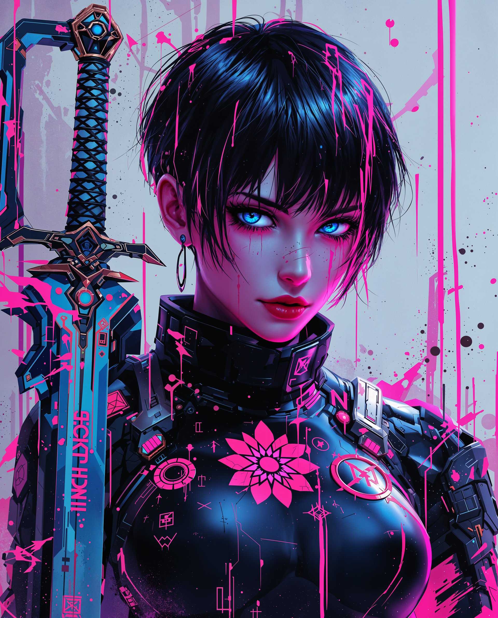 masterpiece, best quality, highres, sharp image, more detail <lora:more_details:0.5> <lora:SDXLrender_v2.0:1>, masterpiece, best quality, highres, sharp image, more detail, This image is a realistic photo (photograph) of a female real person digital artwork that features a cyberpunk inspired character. The art style is highly detailed and stylized, with a focus on vibrant colors and intricate patterns. The medium appears to be a digital painting, given the smooth gradients and the seamless blending of colors.The character in the image is a female with short, dark hair that has a neon pink hue. Her eyes are a striking shade of blue, and her gaze is intense and direct. There are various neon pink and purple streaks and splatters on her hair and face, which give the impression of a battlescarred warrior or a rebellious spirit.The character is wearing a futuristic outfit that is predominantly black with neon pink and white accents. The outfit has a hightech, armored look with various symbols and patterns, including a prominent red flowerlike symbol on the chest. There are also circular and square patterns, and what appears to be circuitlike designs, which contribute to the cyberpunk aesthetic.On the left side of the character, there is a glimpse of a weapon, which seems to be a sword with a blue blade and a patterned hilt. The sword is partially obscured by the characters arm, but it is clear that it is an important element of the composition.The background of the image is a chaotic blend of neon pink and purple hues, with streaks and splatters that resemble digital noise or pixelation. This background complements the cyberpunk theme and adds to the overall sense of a digital or dystopian world.Overall, the image is a powerful and visually striking piece of digital art that captures the essence of cyberpunk with its blend of technology, rebellion, and futuristic aesthetics.