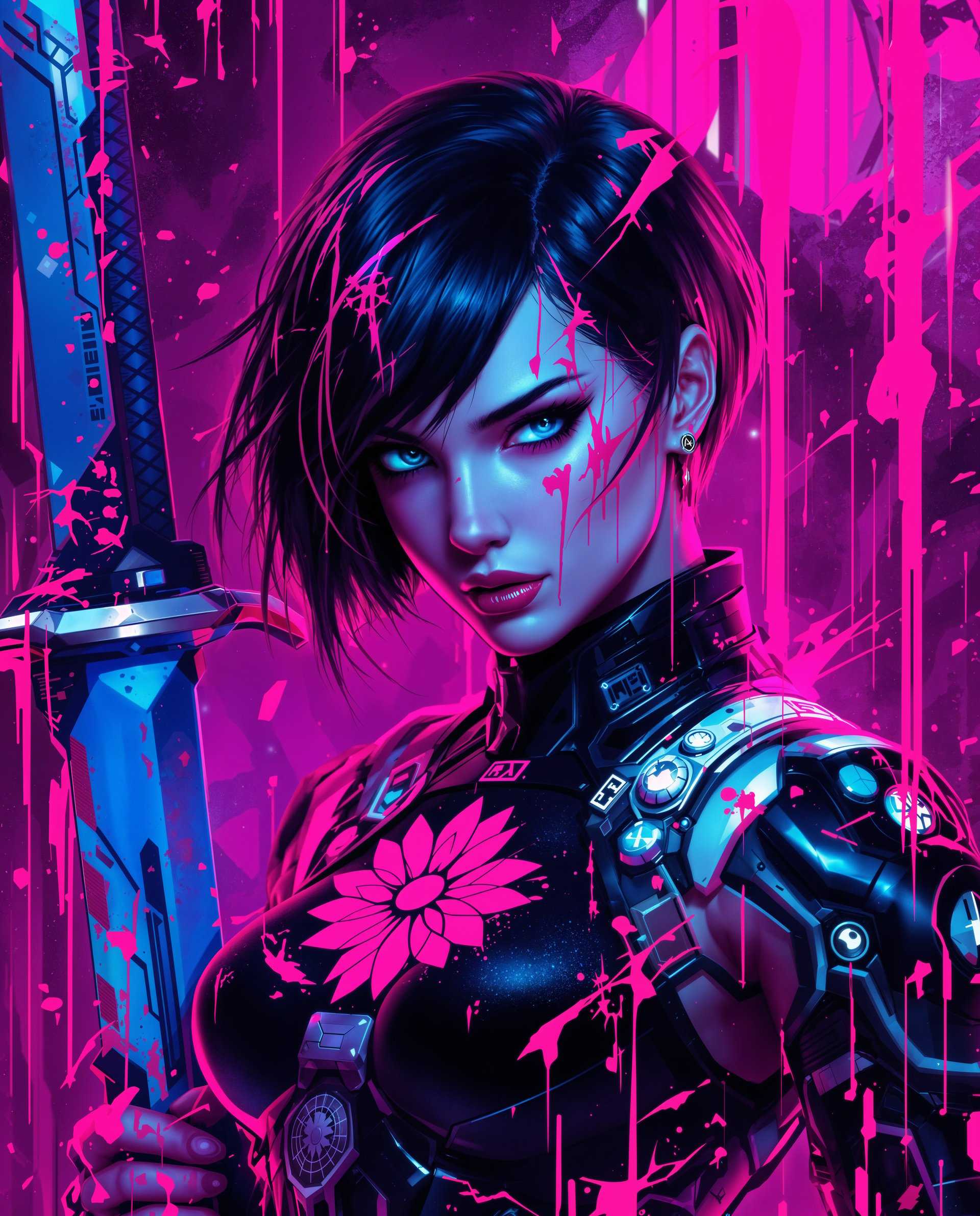 masterpiece, best quality, highres, sharp image, more detail <lora:more_details:0.5> <lora:SDXLrender_v2.0:1>, masterpiece, best quality, highres, sharp image, more detail, This image is a realistic photo (photograph) of a female real person digital artwork that features a cyberpunk inspired character. The art style is highly detailed and stylized, with a focus on vibrant colors and intricate patterns. The medium appears to be a digital painting, given the smooth gradients and the seamless blending of colors.The character in the image is a female with short, dark hair that has a neon pink hue. Her eyes are a striking shade of blue, and her gaze is intense and direct. There are various neon pink and purple streaks and splatters on her hair and face, which give the impression of a battlescarred warrior or a rebellious spirit.The character is wearing a futuristic outfit that is predominantly black with neon pink and white accents. The outfit has a hightech, armored look with various symbols and patterns, including a prominent red flowerlike symbol on the chest. There are also circular and square patterns, and what appears to be circuitlike designs, which contribute to the cyberpunk aesthetic.On the left side of the character, there is a glimpse of a weapon, which seems to be a sword with a blue blade and a patterned hilt. The sword is partially obscured by the characters arm, but it is clear that it is an important element of the composition.The background of the image is a chaotic blend of neon pink and purple hues, with streaks and splatters that resemble digital noise or pixelation. This background complements the cyberpunk theme and adds to the overall sense of a digital or dystopian world.Overall, the image is a powerful and visually striking piece of digital art that captures the essence of cyberpunk with its blend of technology, rebellion, and futuristic aesthetics.
