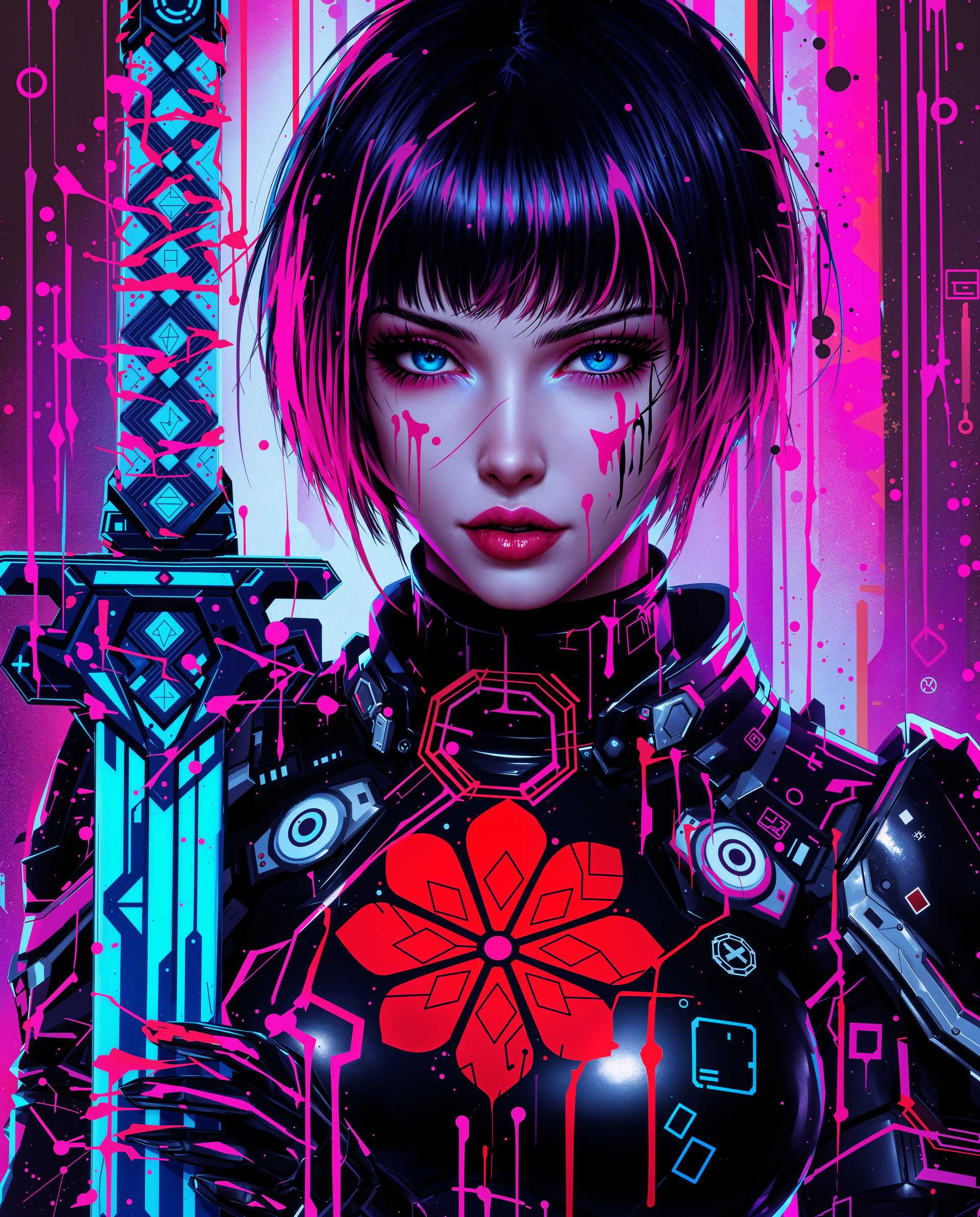 masterpiece, best quality, highres, sharp image, more detail <lora:more_details:0.5> <lora:SDXLrender_v2.0:1>, masterpiece, best quality, highres, sharp image, more detail, This image is a realistic photo (photograph) of a female real person digital artwork that features a cyberpunk inspired character. The art style is highly detailed and stylized, with a focus on vibrant colors and intricate patterns. The medium appears to be a digital painting, given the smooth gradients and the seamless blending of colors.The character in the image is a female with short, dark hair that has a neon pink hue. Her eyes are a striking shade of blue, and her gaze is intense and direct. There are various neon pink and purple streaks and splatters on her hair and face, which give the impression of a battlescarred warrior or a rebellious spirit.The character is wearing a futuristic outfit that is predominantly black with neon pink and white accents. The outfit has a hightech, armored look with various symbols and patterns, including a prominent red flowerlike symbol on the chest. There are also circular and square patterns, and what appears to be circuitlike designs, which contribute to the cyberpunk aesthetic.On the left side of the character, there is a glimpse of a weapon, which seems to be a sword with a blue blade and a patterned hilt. The sword is partially obscured by the characters arm, but it is clear that it is an important element of the composition.The background of the image is a chaotic blend of neon pink and purple hues, with streaks and splatters that resemble digital noise or pixelation. This background complements the cyberpunk theme and adds to the overall sense of a digital or dystopian world.Overall, the image is a powerful and visually striking piece of digital art that captures the essence of cyberpunk with its blend of technology, rebellion, and futuristic aesthetics.