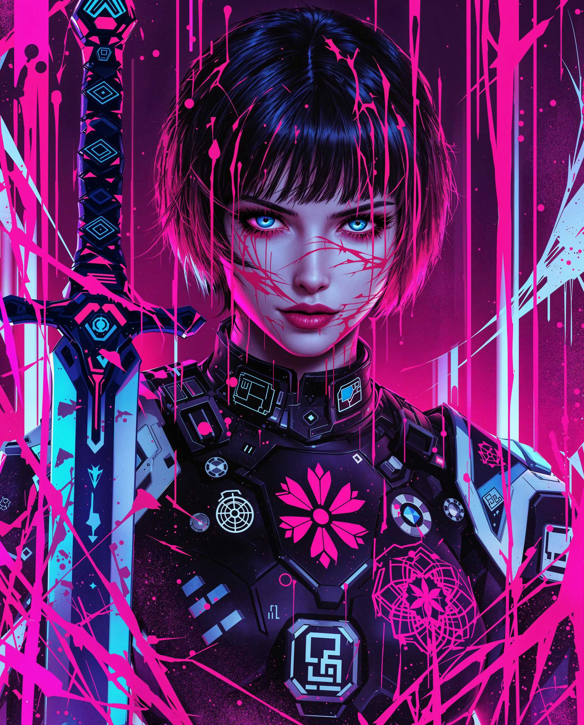 masterpiece, best quality, highres, sharp image, more detail <lora:more_details:0.5> <lora:SDXLrender_v2.0:1>, masterpiece, best quality, highres, sharp image, more detail, This image is a realistic photo (photograph) of a female real person digital artwork that features a cyberpunk inspired character. The art style is highly detailed and stylized, with a focus on vibrant colors and intricate patterns. The medium appears to be a digital painting, given the smooth gradients and the seamless blending of colors.The character in the image is a female with short, dark hair that has a neon pink hue. Her eyes are a striking shade of blue, and her gaze is intense and direct. There are various neon pink and purple streaks and splatters on her hair and face, which give the impression of a battlescarred warrior or a rebellious spirit.The character is wearing a futuristic outfit that is predominantly black with neon pink and white accents. The outfit has a hightech, armored look with various symbols and patterns, including a prominent red flowerlike symbol on the chest. There are also circular and square patterns, and what appears to be circuitlike designs, which contribute to the cyberpunk aesthetic.On the left side of the character, there is a glimpse of a weapon, which seems to be a sword with a blue blade and a patterned hilt. The sword is partially obscured by the characters arm, but it is clear that it is an important element of the composition.The background of the image is a chaotic blend of neon pink and purple hues, with streaks and splatters that resemble digital noise or pixelation. This background complements the cyberpunk theme and adds to the overall sense of a digital or dystopian world.Overall, the image is a powerful and visually striking piece of digital art that captures the essence of cyberpunk with its blend of technology, rebellion, and futuristic aesthetics.