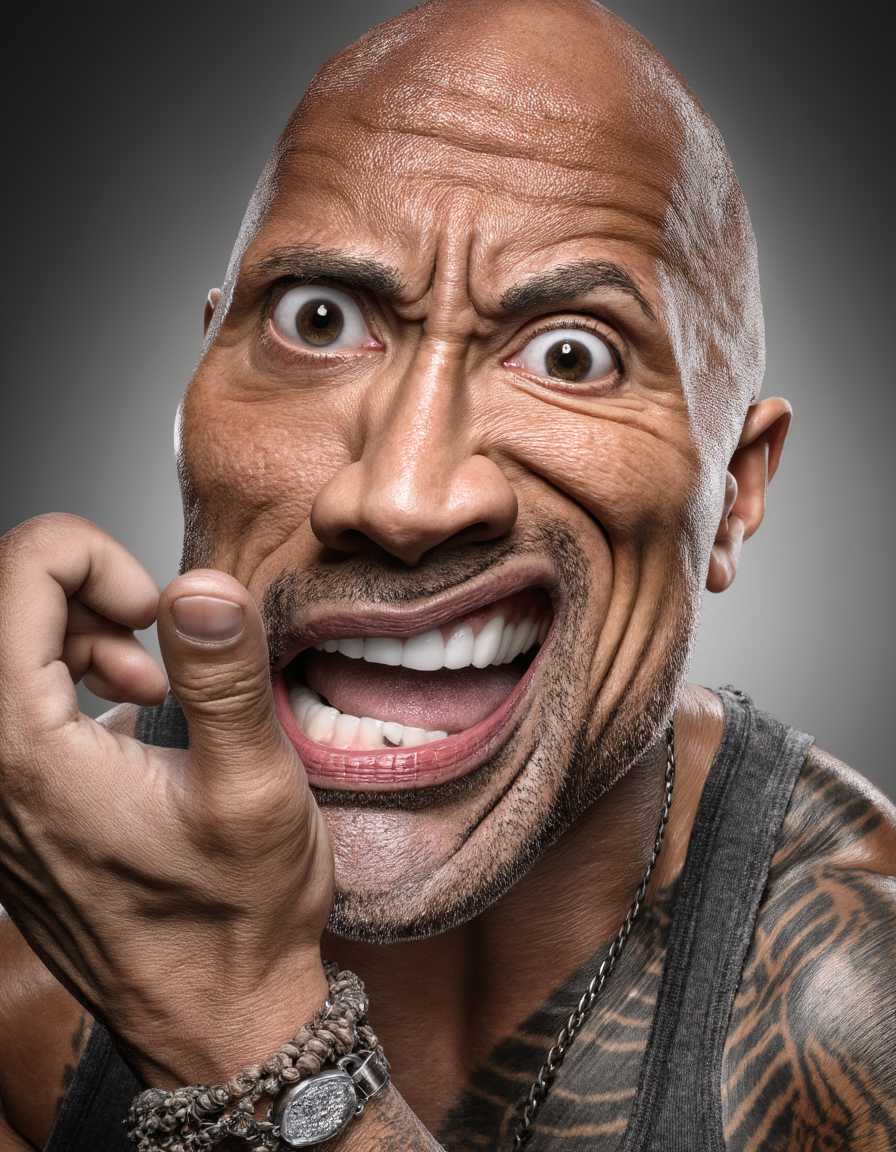 dwayne johnson posing in a hyperrealistic exaggerated caricature image.