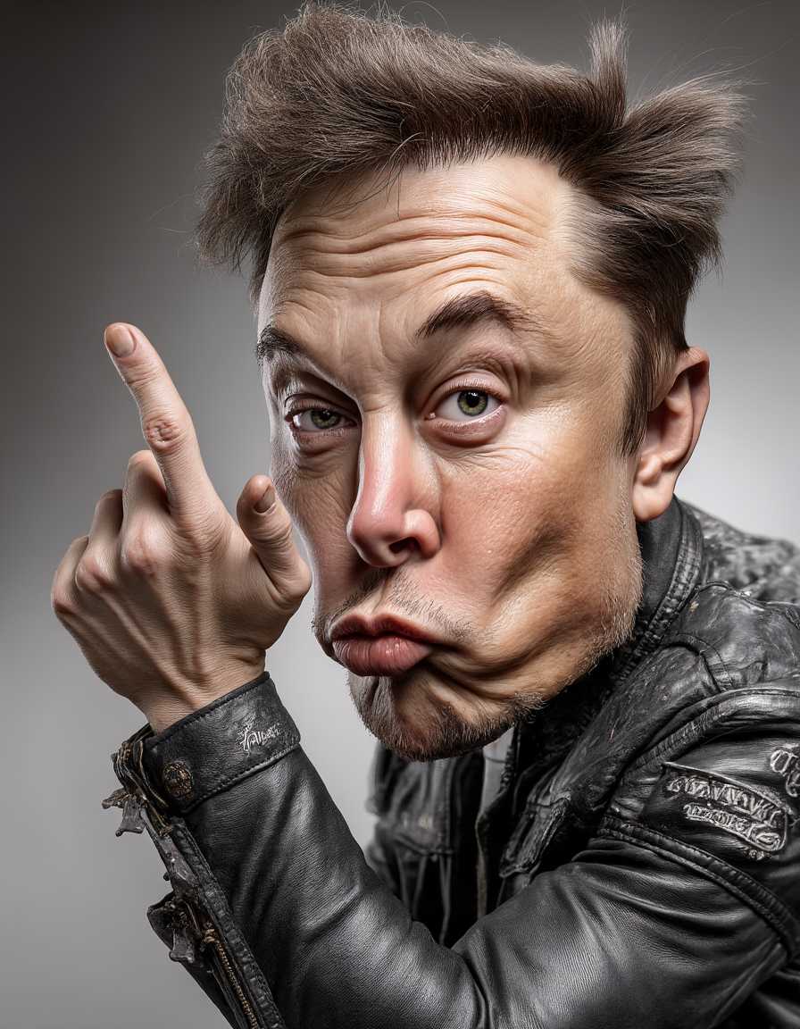Elon Musk posing in a hyperrealistic exaggerated caricature image.