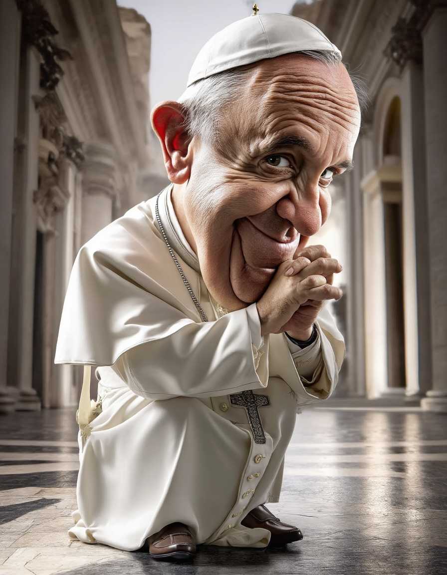The Pope posing in a hyperrealistic exaggerated caricature image.