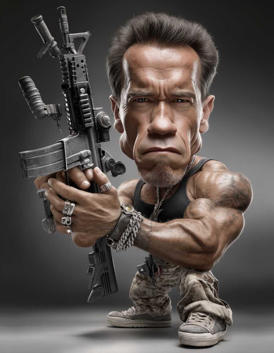 Arnold Schwarzenegger posing in a hyperrealistic exaggerated caricature image.