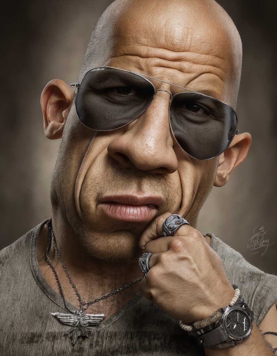 Vin Diesel posing in a hyperrealistic exaggerated caricature image.