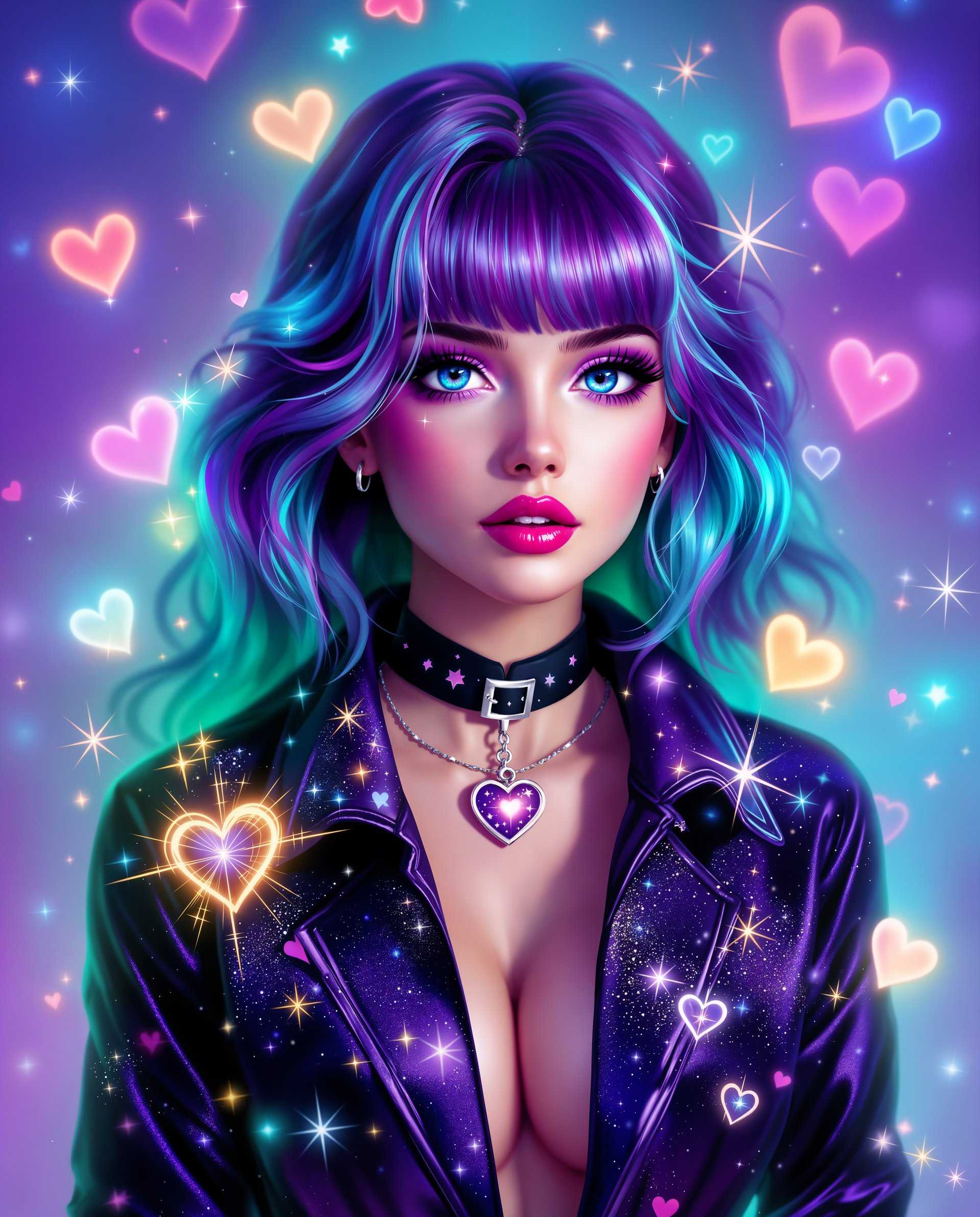 masterpiece, best quality, highres, sharp image, more detail <lora:more_details:0.5> <lora:SDXLrender_v2.0:1>, masterpiece, best quality, highres, sharp image, more detail, This image is a realistic photo (photograph) of a female real person digital artwork that features a stylized and highly detailed representation of a female figure. The art style is reminiscent of realism with a strong emphasis on vibrant colors and intricate details. The medium appears to be a digital painting, given the smooth gradients and the lack of texture that one might expect from traditional mediums like oil or acrylic paints.The colors in the image are rich and dynamic, with a predominance of purples and blues that give the piece a nighttime or cosmic feel. The figures hair is a gradient of purples and blues, with lighter highlights that give it a glossy appearance. The jacket she wears is also a deep purple with a similar shiny texture, and its adorned with various heart shapes and sparkles, which contribute to the overall whimsical and fantastical theme of the artwork.The figures eyes are a striking shade of blue, with a hint of green, and they are detailed with long lashes and a reflection of the surrounding lights, which adds depth and realism to the image. The choker around her neck is black with a silver buckle, and the pendant on her necklace is a large heart with a cosmic design, which matches the jackets theme.The background is a gradient of purples and blues, with floating hearts and sparkles that create a dreamlike atmosphere. The hearts are various sizes and are scattered throughout the image, some translucent and others solid, all with a shimmering effect that complements the figures outfit.Overall, the image exudes a sense of fantasy, glamour, and playfulness, with a strong emphasis on the use of color and light to create a visually engaging and immersive experience.