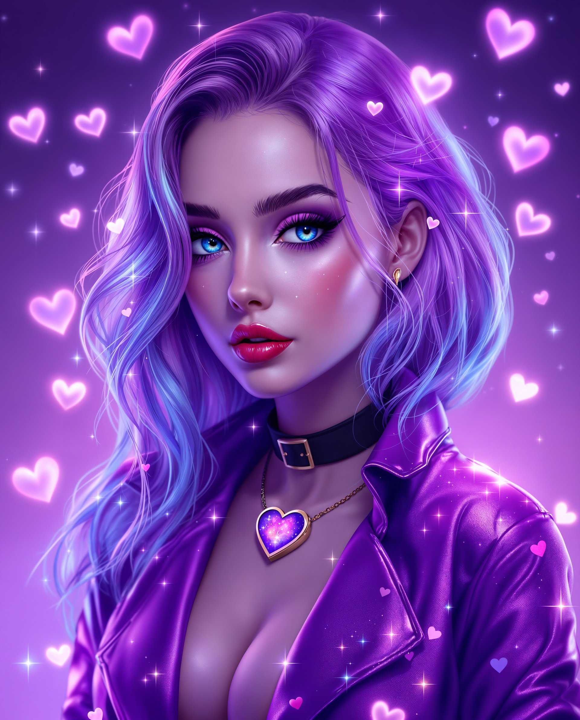 masterpiece, best quality, highres, sharp image, more detail <lora:more_details:0.5> <lora:SDXLrender_v2.0:1>, masterpiece, best quality, highres, sharp image, more detail, This image is a realistic photo (photograph) of a female real person digital artwork that features a stylized and highly detailed representation of a female figure. The art style is reminiscent of realism with a strong emphasis on vibrant colors and intricate details. The medium appears to be a digital painting, given the smooth gradients and the lack of texture that one might expect from traditional mediums like oil or acrylic paints.The colors in the image are rich and dynamic, with a predominance of purples and blues that give the piece a nighttime or cosmic feel. The figures hair is a gradient of purples and blues, with lighter highlights that give it a glossy appearance. The jacket she wears is also a deep purple with a similar shiny texture, and its adorned with various heart shapes and sparkles, which contribute to the overall whimsical and fantastical theme of the artwork.The figures eyes are a striking shade of blue, with a hint of green, and they are detailed with long lashes and a reflection of the surrounding lights, which adds depth and realism to the image. The choker around her neck is black with a silver buckle, and the pendant on her necklace is a large heart with a cosmic design, which matches the jackets theme.The background is a gradient of purples and blues, with floating hearts and sparkles that create a dreamlike atmosphere. The hearts are various sizes and are scattered throughout the image, some translucent and others solid, all with a shimmering effect that complements the figures outfit.Overall, the image exudes a sense of fantasy, glamour, and playfulness, with a strong emphasis on the use of color and light to create a visually engaging and immersive experience.